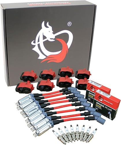 DRAGON FIRE PERFORMANCE Kit de alimentación Bobinas de encendido cuadradas, bujías de iridio y cables de enchufe de 10.5 pulgadas compatibles con