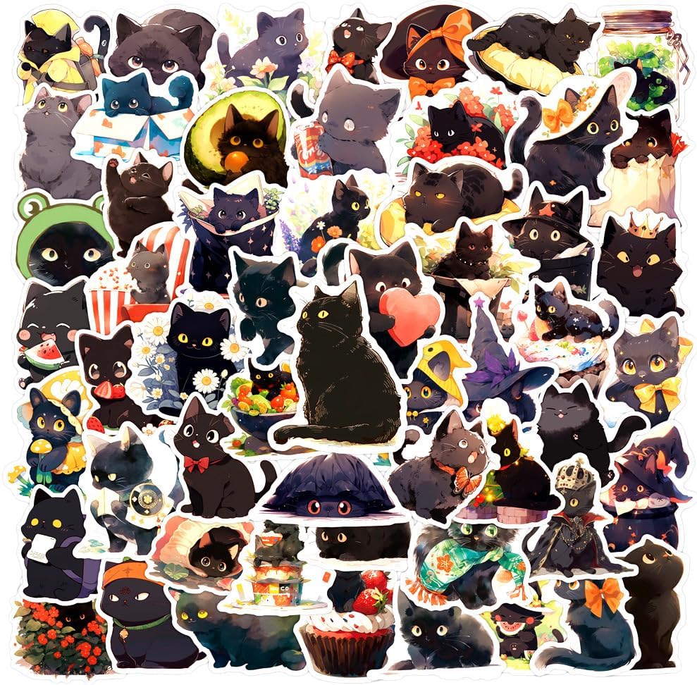 100 PCS Cute Cat Black Cat Stickers, Kawaii Stickers Waterproof Vinyl Cute Sticker for Laptop Guitar Water Bottle Luggage Bike Scrapbooking Skateboard Fashion Decals Gift for Kids Teen Girls Adults
