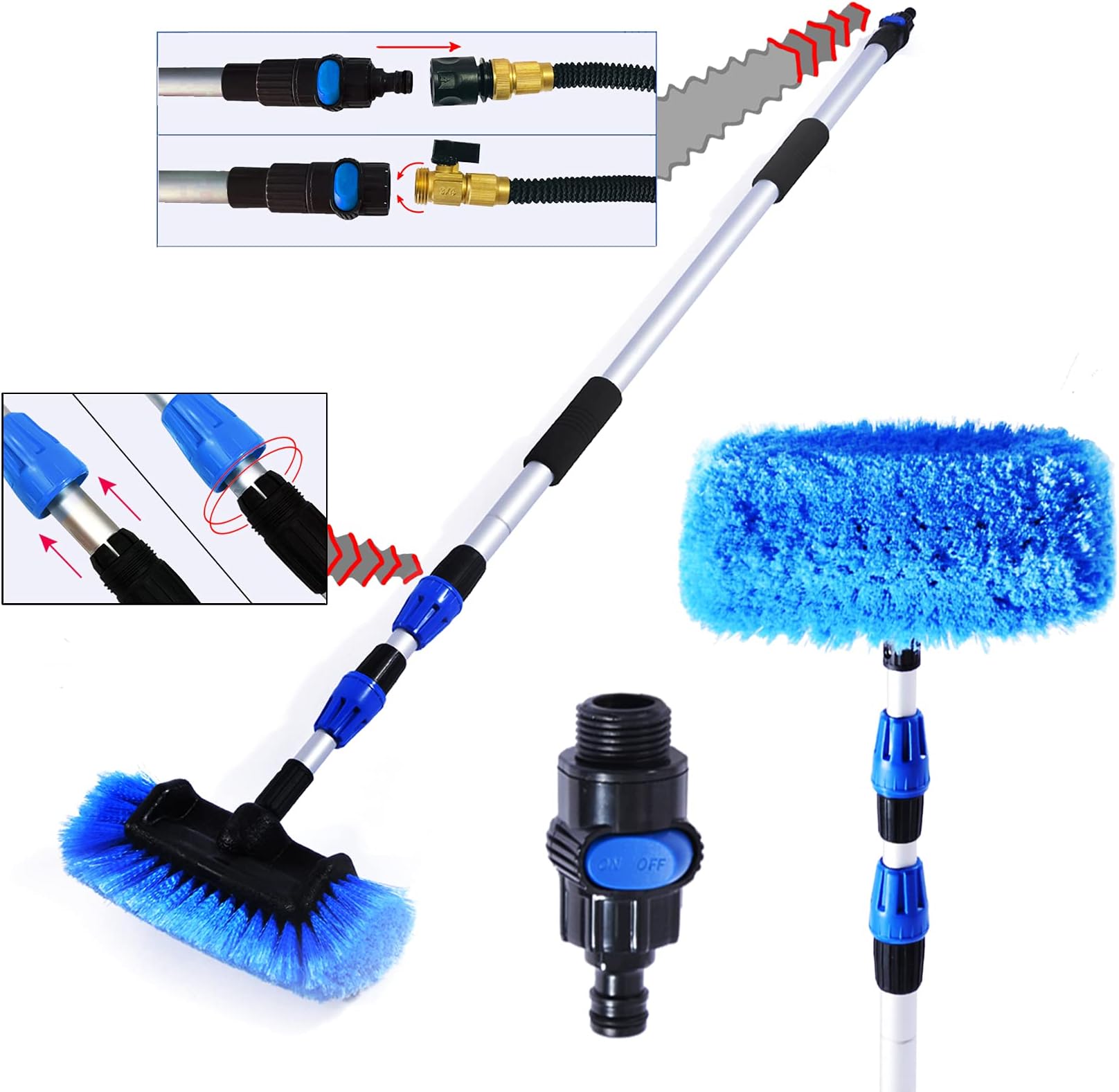 Zolker 5-12 Foot (20ft Reach) Deluxe Flow Through Car Wash Brush,Long Handle Telescopic Extension Pole Brush; Solar Panel Cleaning Brush; Soft Bristles Head Cleaning RV;Boat;Solar Panel, Deck,Floor