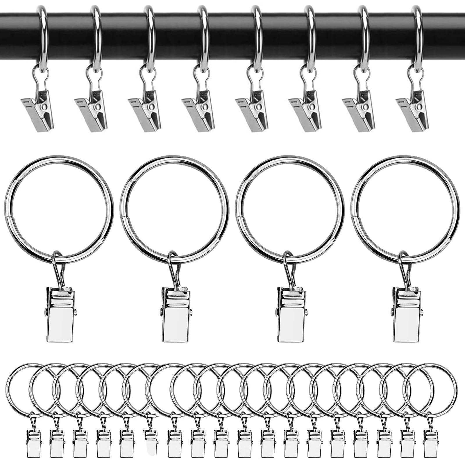 Lot De 16 Anneaux Rideau Avec Clips Métal - Diamètre Intérieur 25mm, Noir, Pour Rideaux Sans Trous