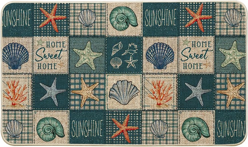 Artoid Mode Blue Shell Starfish Sunshine Summer Doormat, Home Decor Low-Profile Switch Rug Door Mat Floor Mat for Indoor Outdoor 17x29 Inch