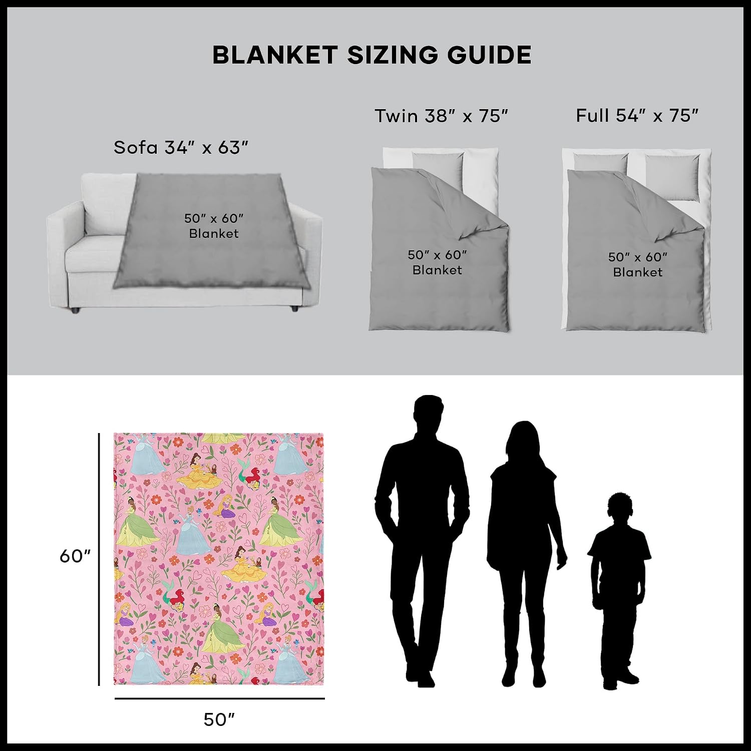 Disney Floral Repeat Silk Touch Sherpa Throw Blanket, Ultra Soft Cozy Bedding, 50 x 60 Inches