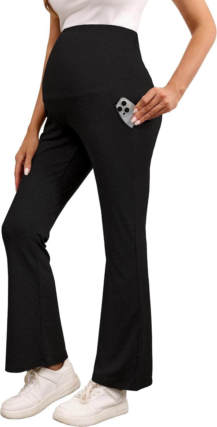 Maternity Lounge Pants Bamboo Viscose Pregnancy Pants Soft Stretchy Comfy Bell Bottoms with Pockets