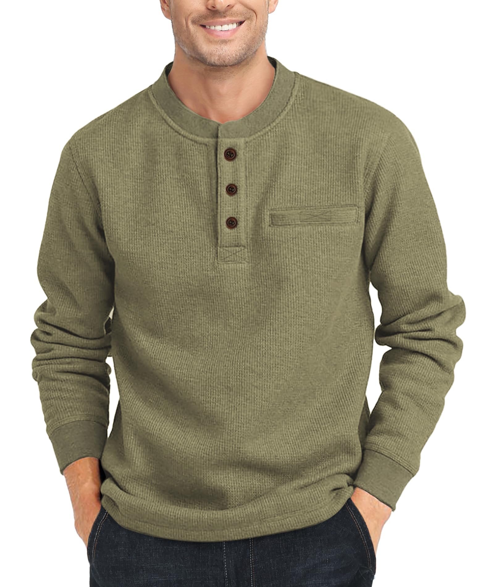 zitysport Hombres de Manga Larga Henley Camisas Hombres Casual Waffle Térmica Camisa Casual 3 Botones Clásico Camiseta Hombres con Bolsillo