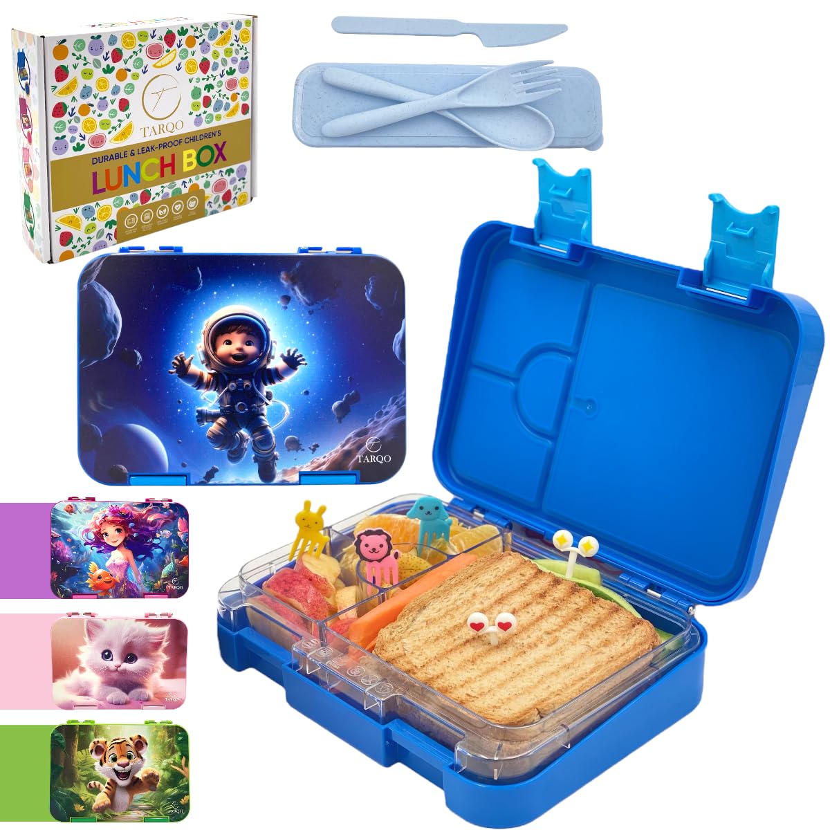 Astronaut Lunch Box for boys,Leak Proof-durable-lightweight-easy to clean-safe, kids cute Bento lunch Box for School, Kindergarten with Cutlery Box, Toddler insulated 4/6 Compartments Tiffin Box-Blue