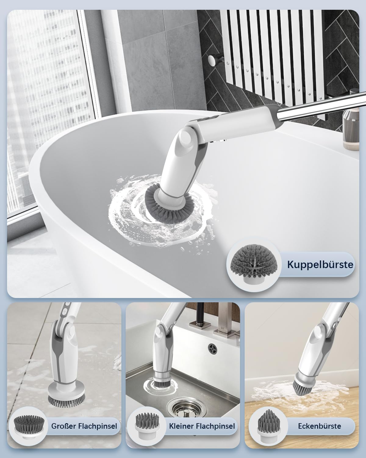Leebein Elektrische Reinigungsbürste, Neues Spin Scrubber mit 8 Austauschbaren Bürstenköpfen, Verstellbarem Verlängerungsgriff & 2 Rotationsgeschwindigkeiten für Bad/Küche/Auto