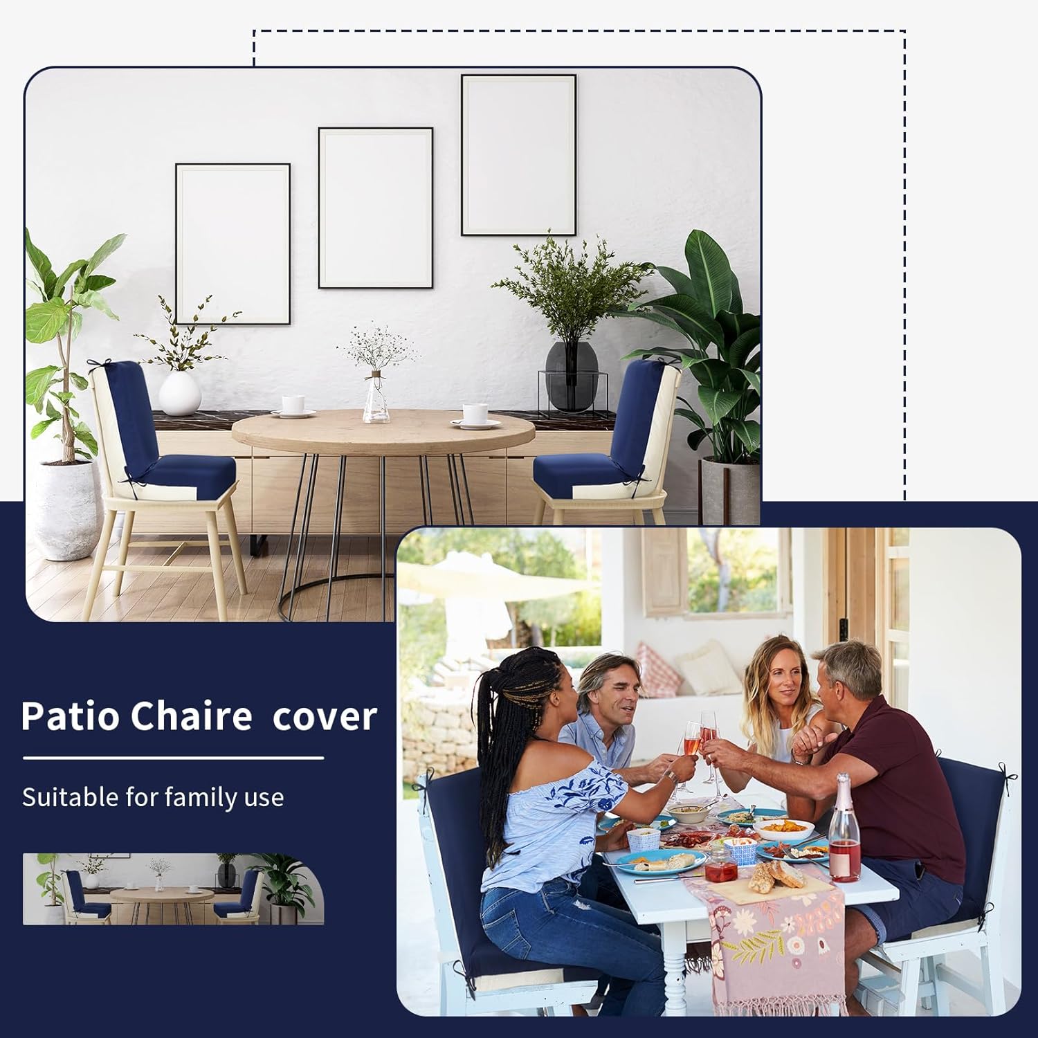 Tudomro 4 Pcs Outdoor High Back Chair Cushion Covers (Not Includes Cushion) Waterproof Patio Replacement Rocking Chair Slipcover Seat Pad Cover with Tie for Furniture (Navy Blue,44'' X 21'')