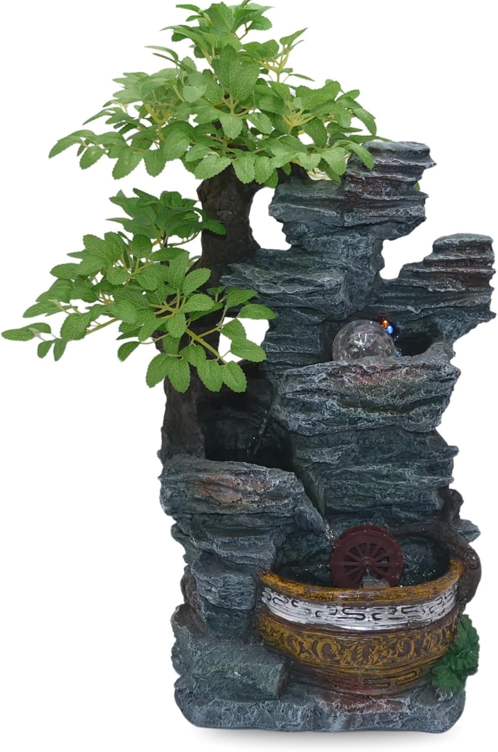 20-Inch Tabletop Water Fountain with LED-Lit Spinning Crystal Ball, Cascading Waterfall, and USB Connection – Indoor Zen Decorative Fountain with Realistic Artificial Tree for Home or Office