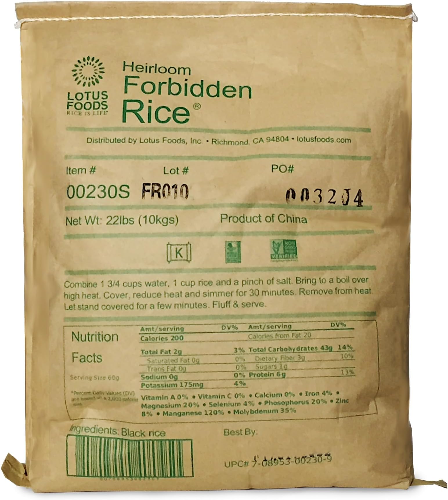 Lotus Foods Bulk Heirloom Forbidden Rice - Black Rice, Purple Rice, Black Rice Bulk, Gluten Free Heirloom Rice, Whole Grain, Non GMO, Vegan - 22 Lb Bag (Pack of 1)