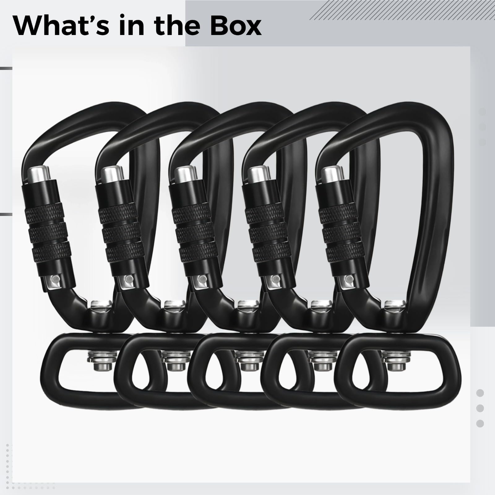 5 mosquetones giratorios de aluminio negro de 360°, diseño de cierre automático de tuerca, clips ligeros para mochila, soportes para llaveros, hebillas de larga duración para bolsos, cometas, llaves