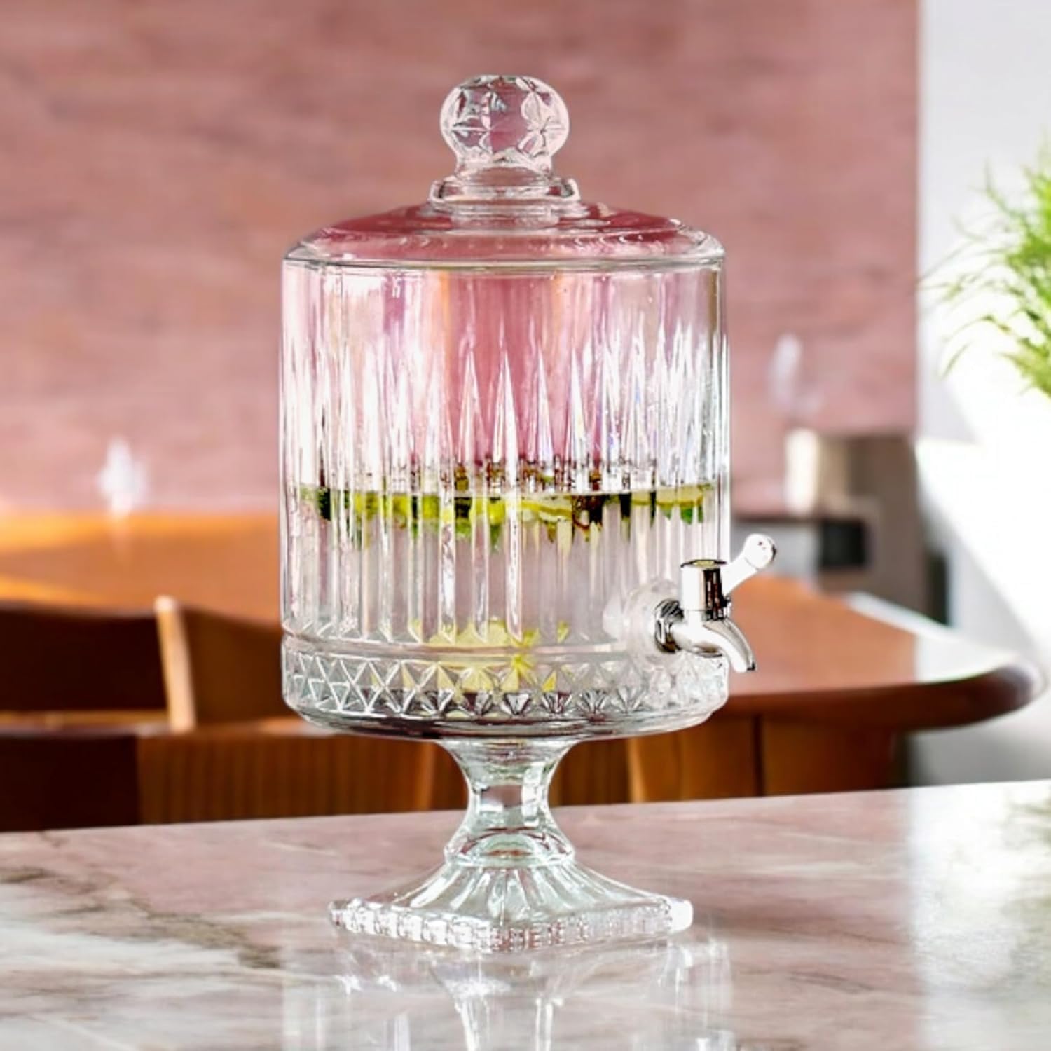 LEOMORD 5 Litre Footed Glass Juice Dispenser with Tap | Elite Detox Jar | Mason Jar Beverage Dispenser for Water, Beer, Juice, Liquor | Elite Drink Server | Pack of 1 1