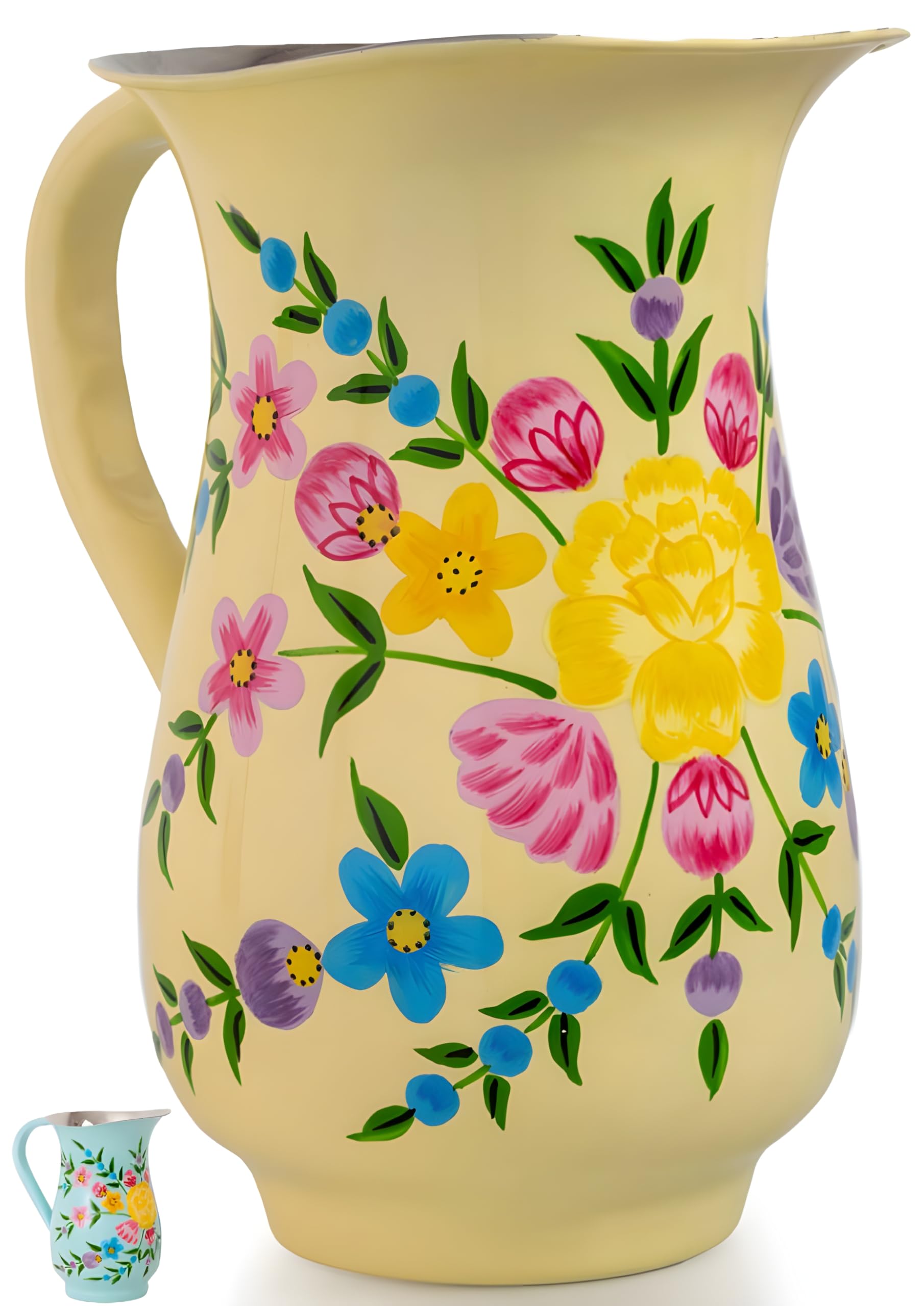 Hand Painted Stainless Steel Water Pitcher - Large Metal Water Jug, for Cold Drinks, Floral Design Beverage Carafe for Entertaining & Home Decor. 8” height, 1 Quart Decorative Vase. (Cream)