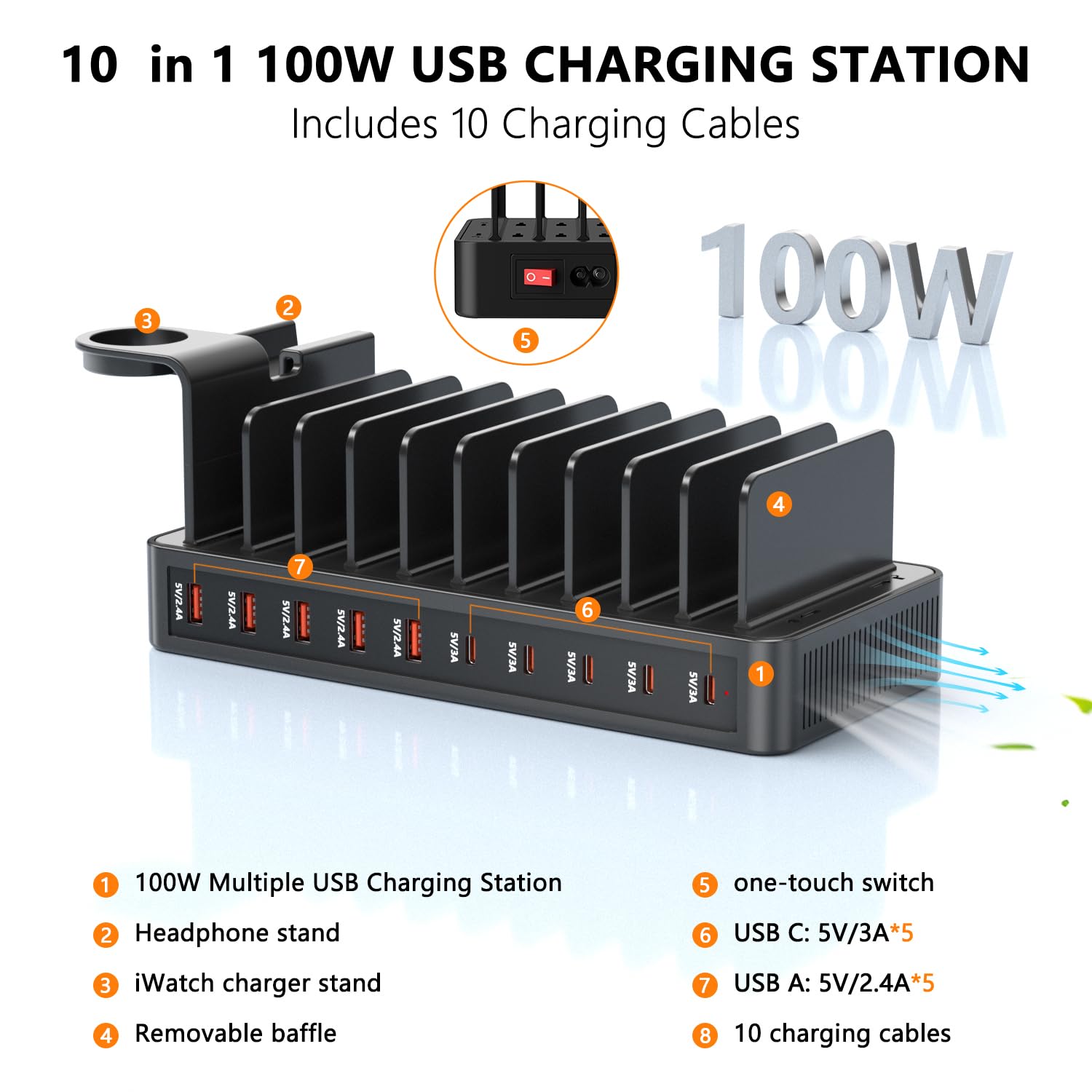 Stazione di ricarica 100W 10 porte USB-C+USB-A per cellulare tablet supporto