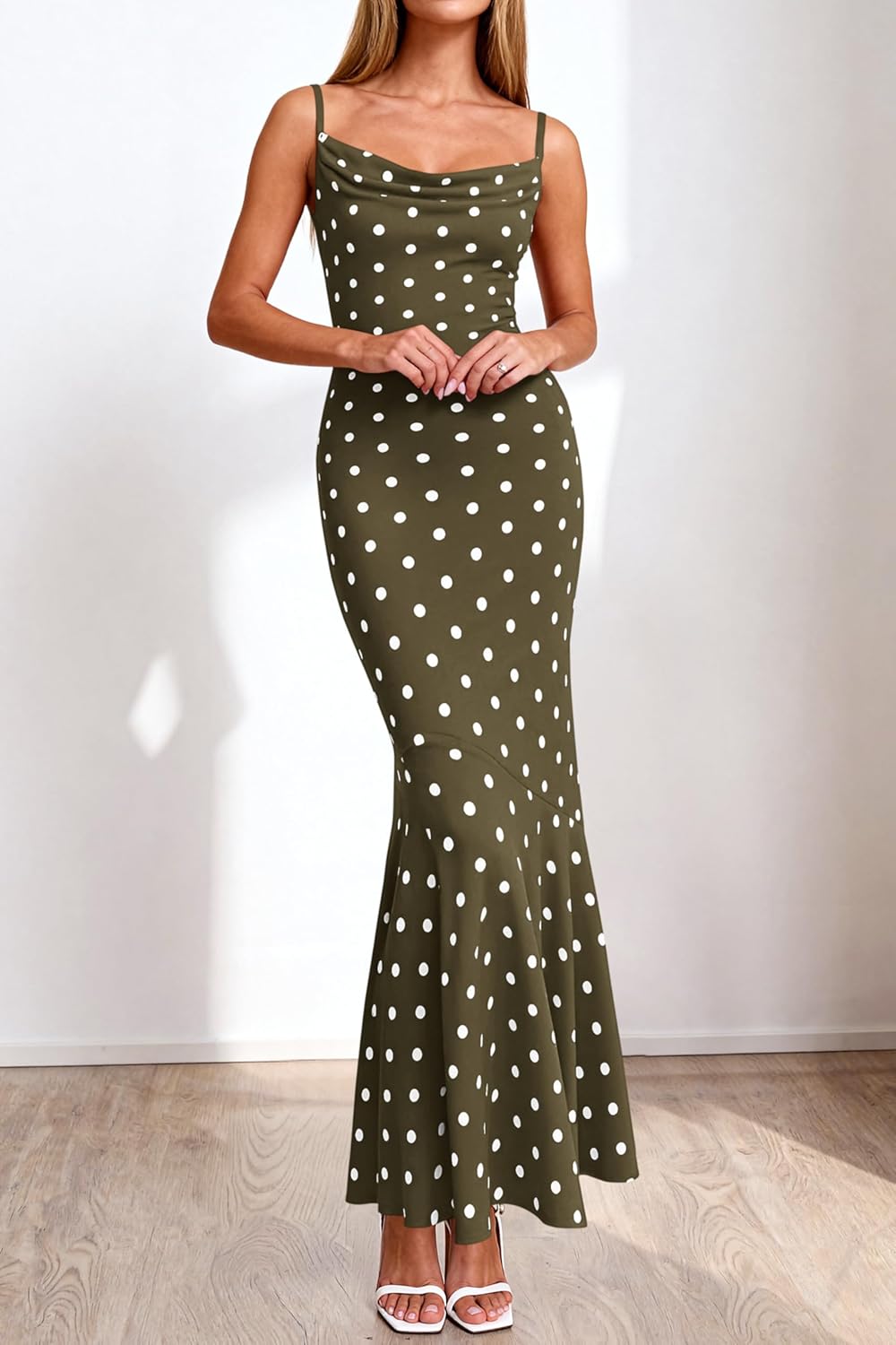 PRETTYGARDEN Womens Summer Dresses 2026 Polka Dot Spaghetti Strap Cowl Neck Bodycon Wedding Cocktail Mermaid Maxi Dress - Image 6