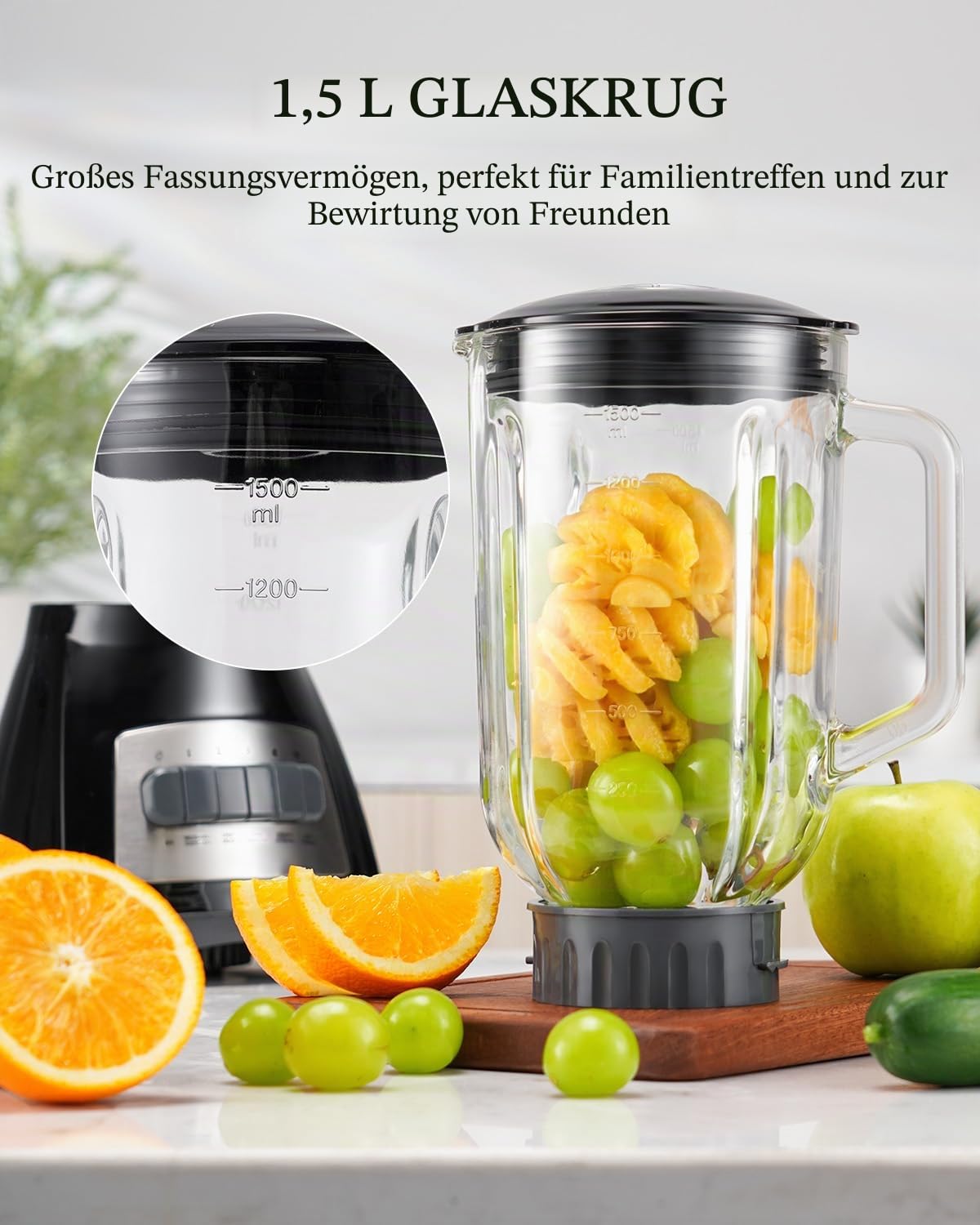 SHARDOR Standmixer, 700 W Spitzenleistung smoothie maker mit 1,5-Liter-Glasbehälter, Edelstahl 6-Klingen, 5 Geschwindigkeitsstufen für Milchshakes, Smoothies, Säfte und Eisgetränke, schwarz