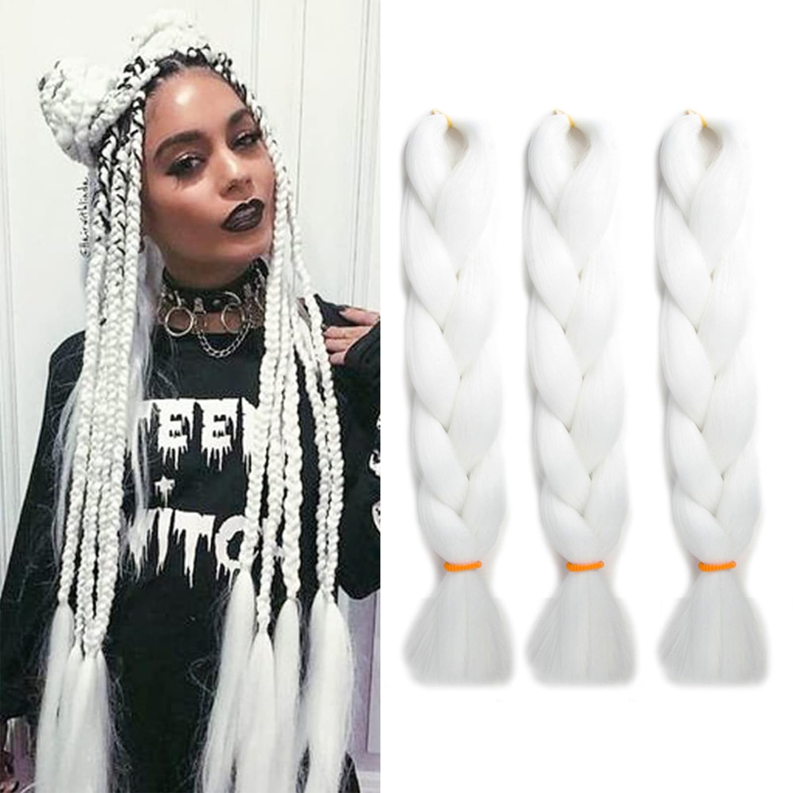 Gairyan Extensiones de Pelo Trenzas Africanas 3 Paquete 24" Pelo Sintetico Para Trenzas Natural Crochet Braiding Hair (Blanco)