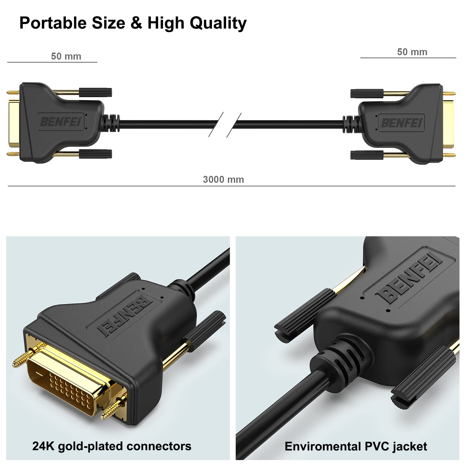 BENFEI Kabel DVI na DVI, 3-metrowy kabel DVI-D 24+1, pozłacany kabel, obsługa podwójnego łącza, wysoka rozdzielczość 2560 x 1600 do gier, DVD, laptopa, HDTV