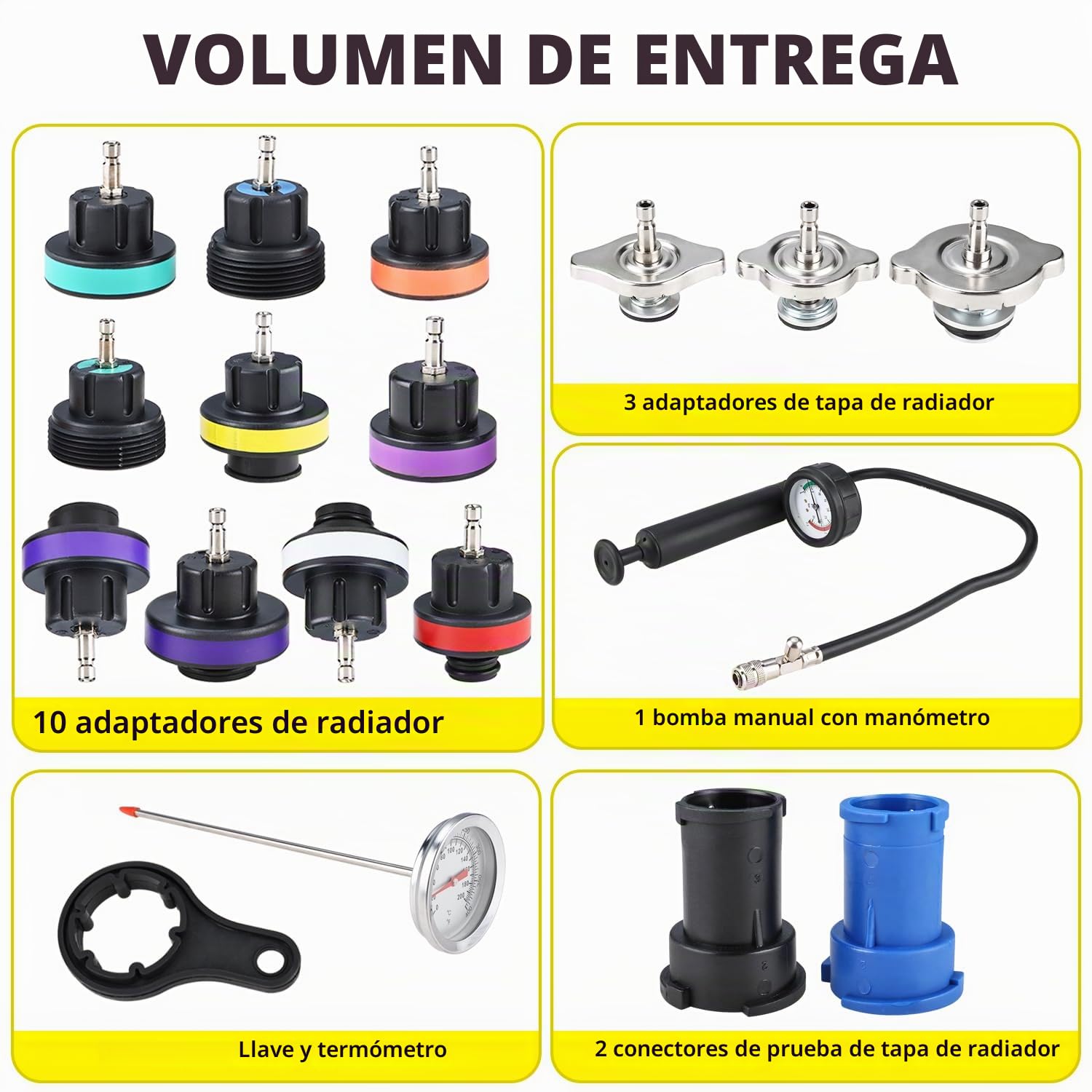 FreeTec 18 pzas Probador Presion Radiador, Universal Probador Presion Circuito Refrigeración, Kit Comprobador de Fugas Liquido Refrigerante, Herramientas Radiador Coche con Bomba Adaptador