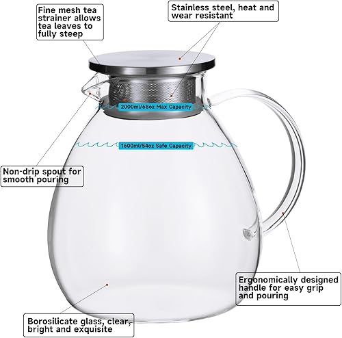 Miniatura 3 de Tetera de vidrio de 68 onzas67.6 fl oz con tapa de filtro de acero inoxidable, apta para estufa y microondas, tetera de agua, colador y cubierta, 2