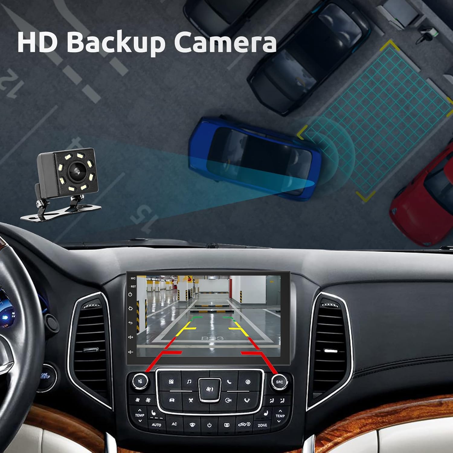Diagram showing the installation of an HD backup camera with parking guidelines displayed on the car stereo screen.
