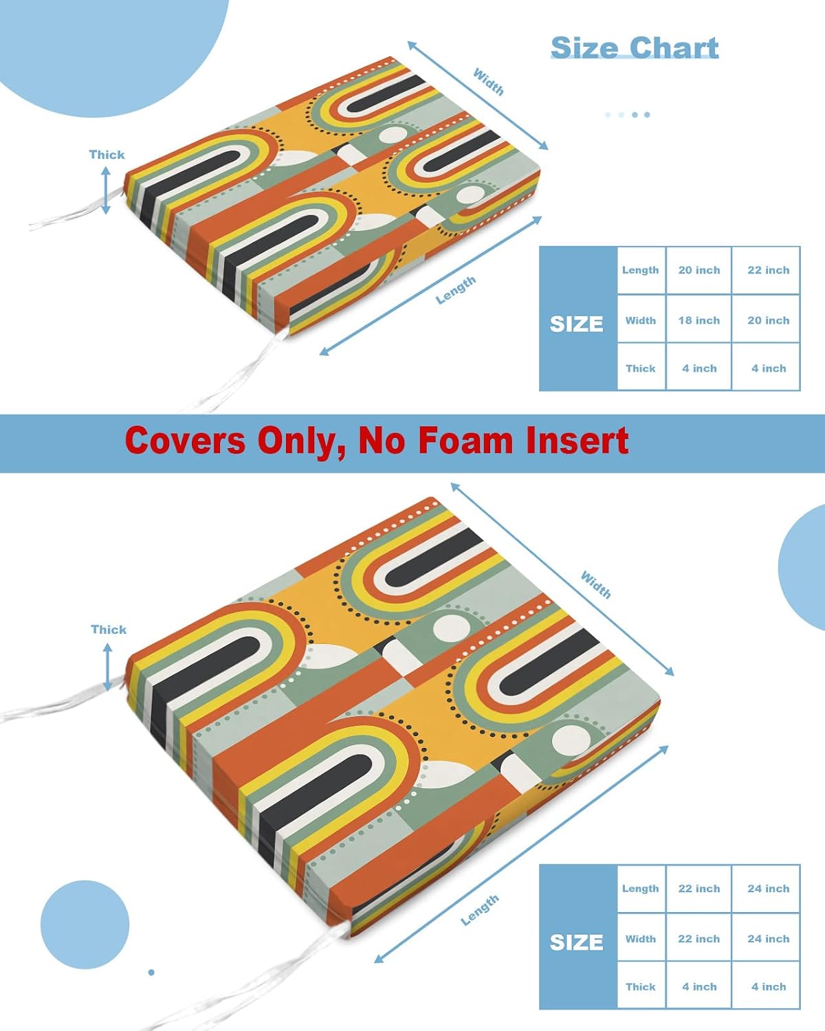 Ethnic Abstract Arch Stripe Mid Century Waterproof Cushion Covers 20x18In, Color Art Set of 4 Indoor Outdoor Chair Seat Cover Patio Cushion Slipcovers for Beach Pool Side Chair Sofa