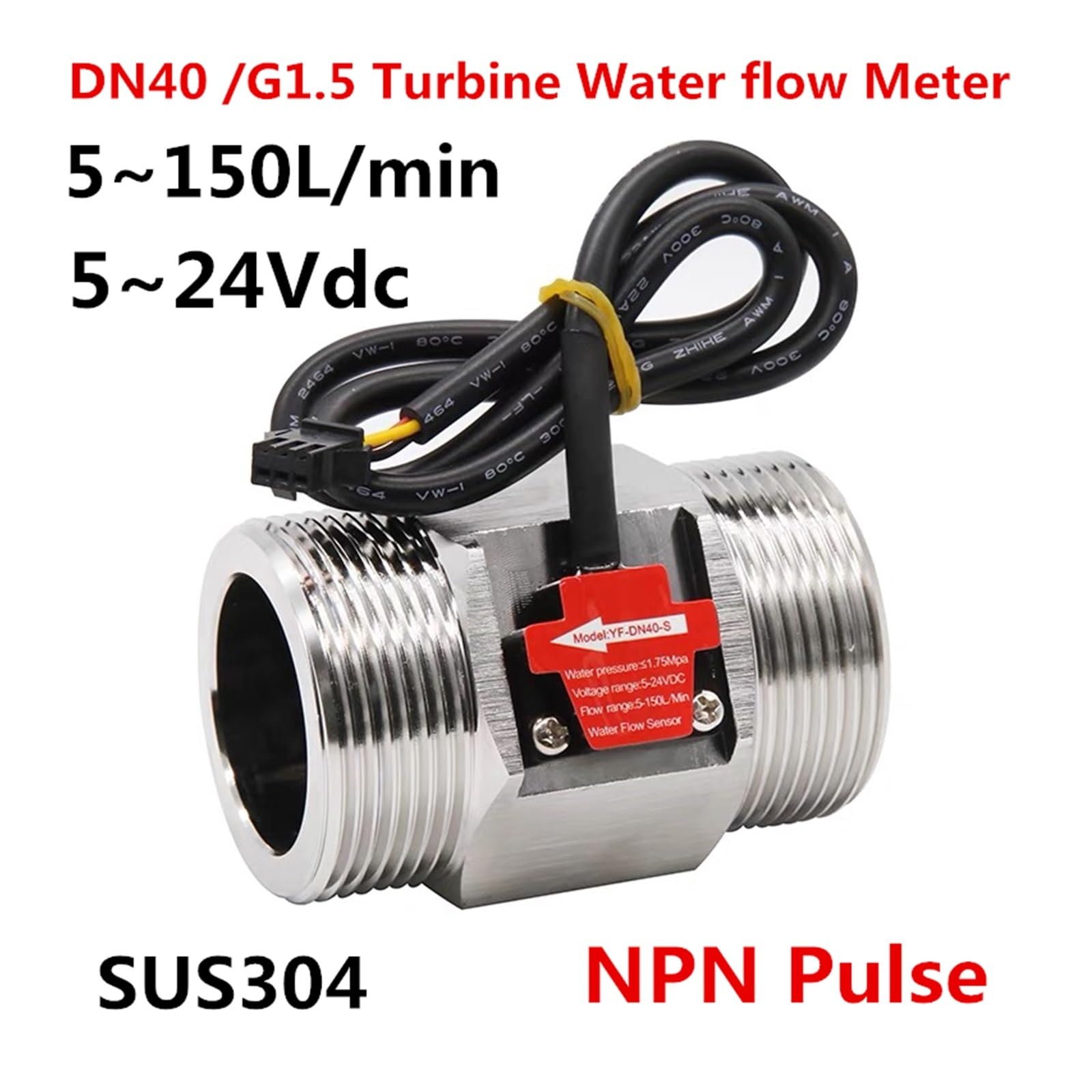 Misuratore di portata d'acqua, G1.5 "DN40 Sensore di flusso d'acqua Sensore Hall 1.75MPa Misuratore di portata a turbina DC5~24V utilizzato for misurare il flusso del mezzo