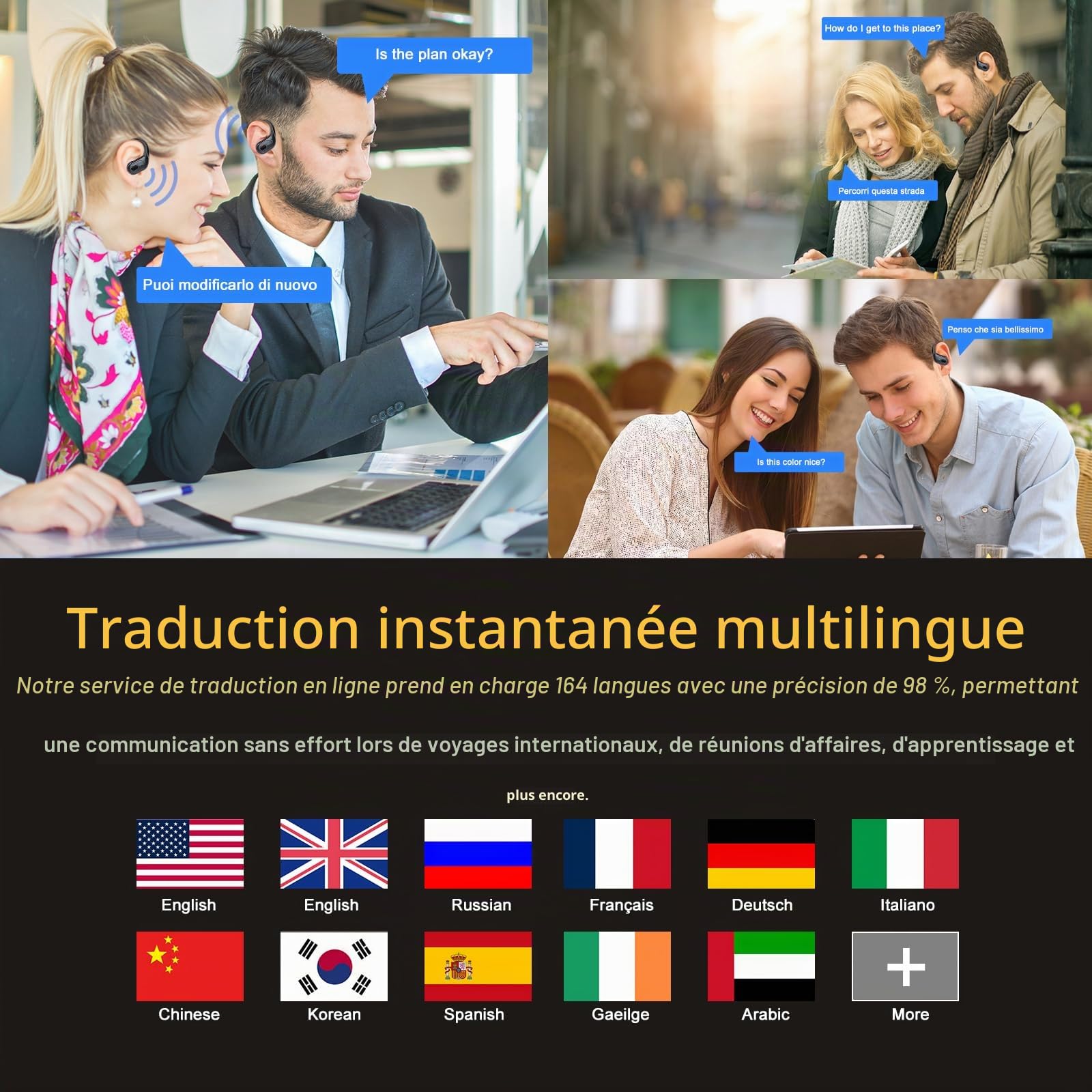 3 en 1 Écouteur AI Traduction Vocale Instantanée pour Affaires/Études AI Traducteur Vocal Instantané avec 164 Langues/6 Modes de Traduction, Noir