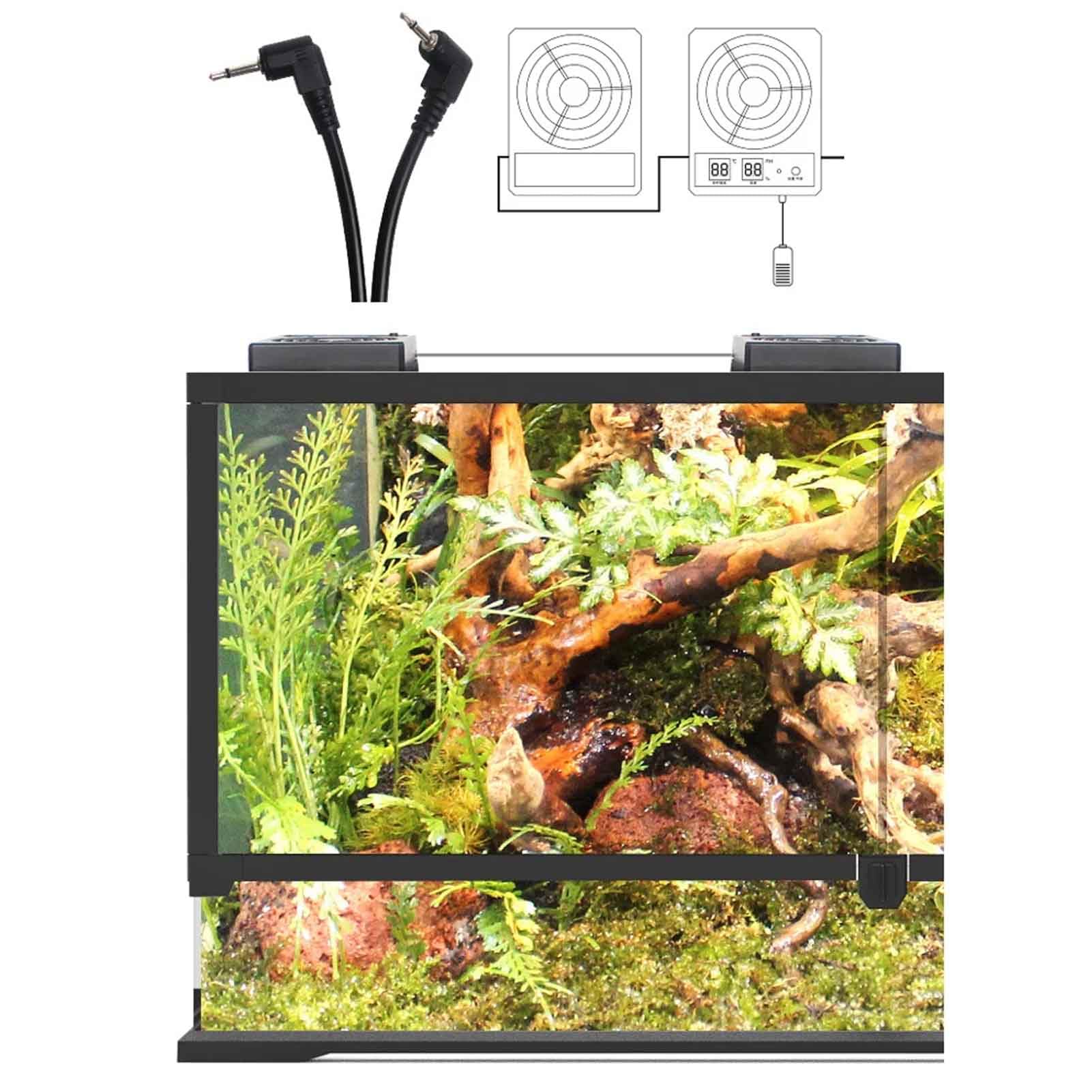 Toplionace Termómetro e Higrómetro para Tanque de Reptiles en la Selva Tropical, Ventilador de Ventilación con Control Inteligente, Pantalla Digital, Ventilación y Deshumidificación