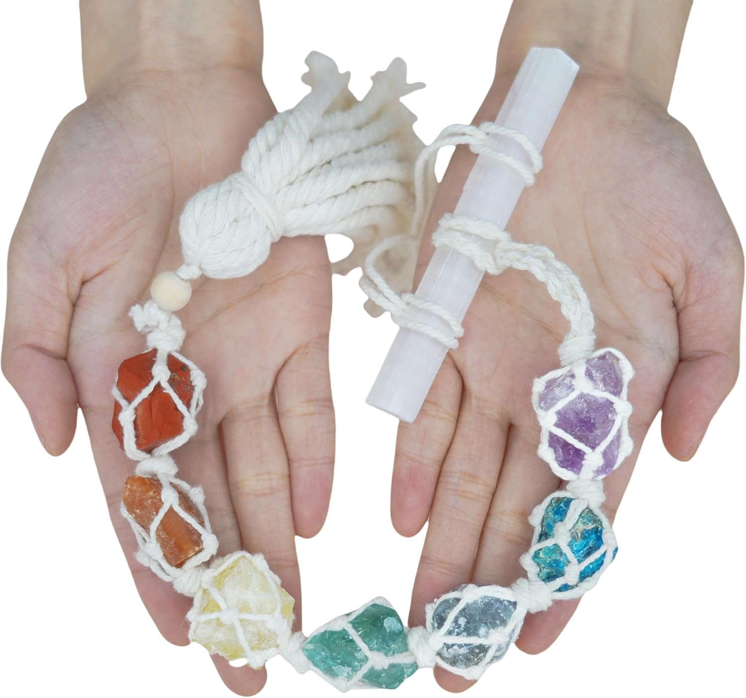 Selenite Crystal Hanging Chakra Wall Decor, Handmade Large 7 Healing Natural Stones, Spiritual Good Luck Ornament for Yoga Meditation Accessories Reiki Anxiety Relief, Gift for Women and Kids