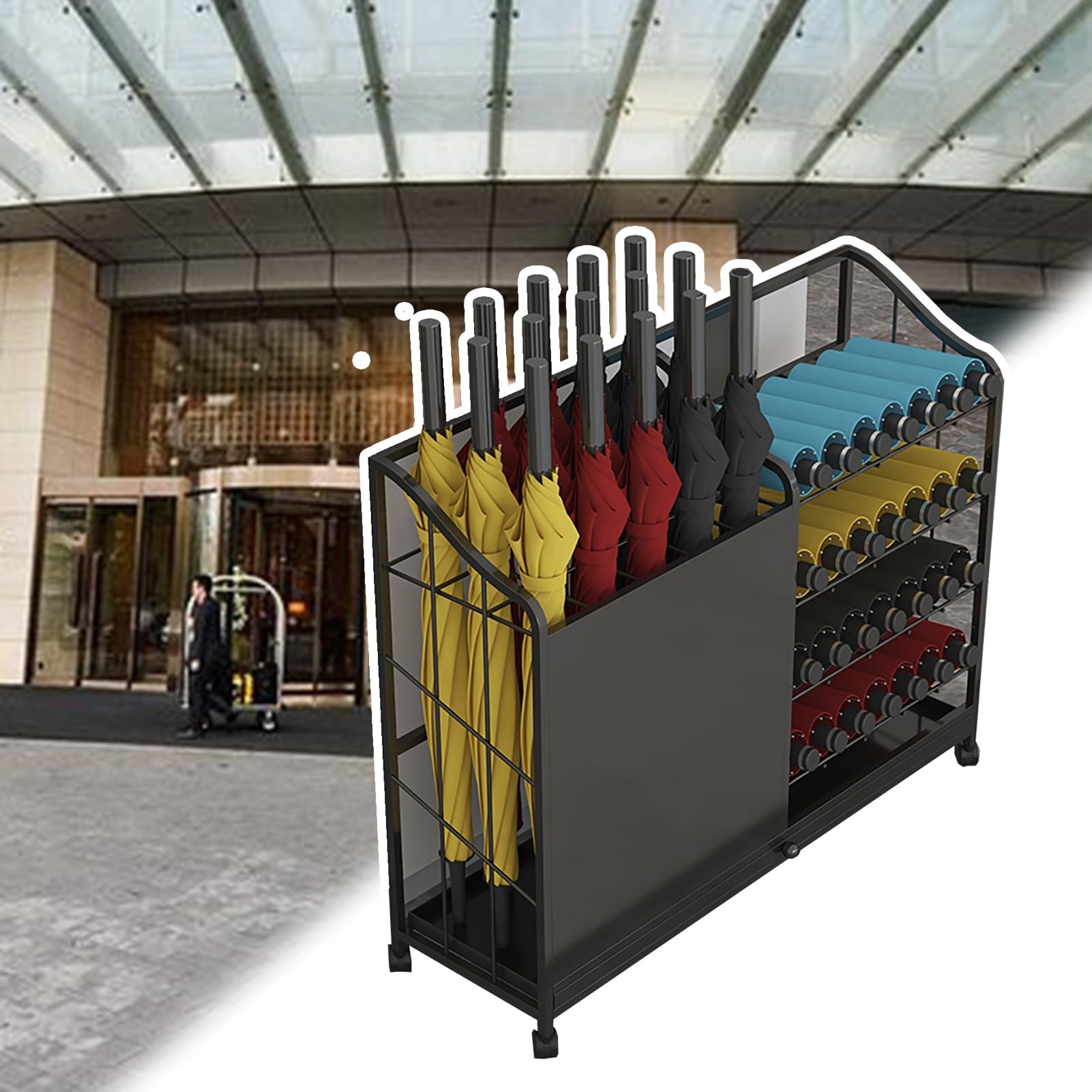 HYLYGFH Commercial 4 Wheel Umbrella Storage Holder Umbrella Bucket for Office Hotel Entrance Ample Capacity nizer with Easy Access Black 68cm