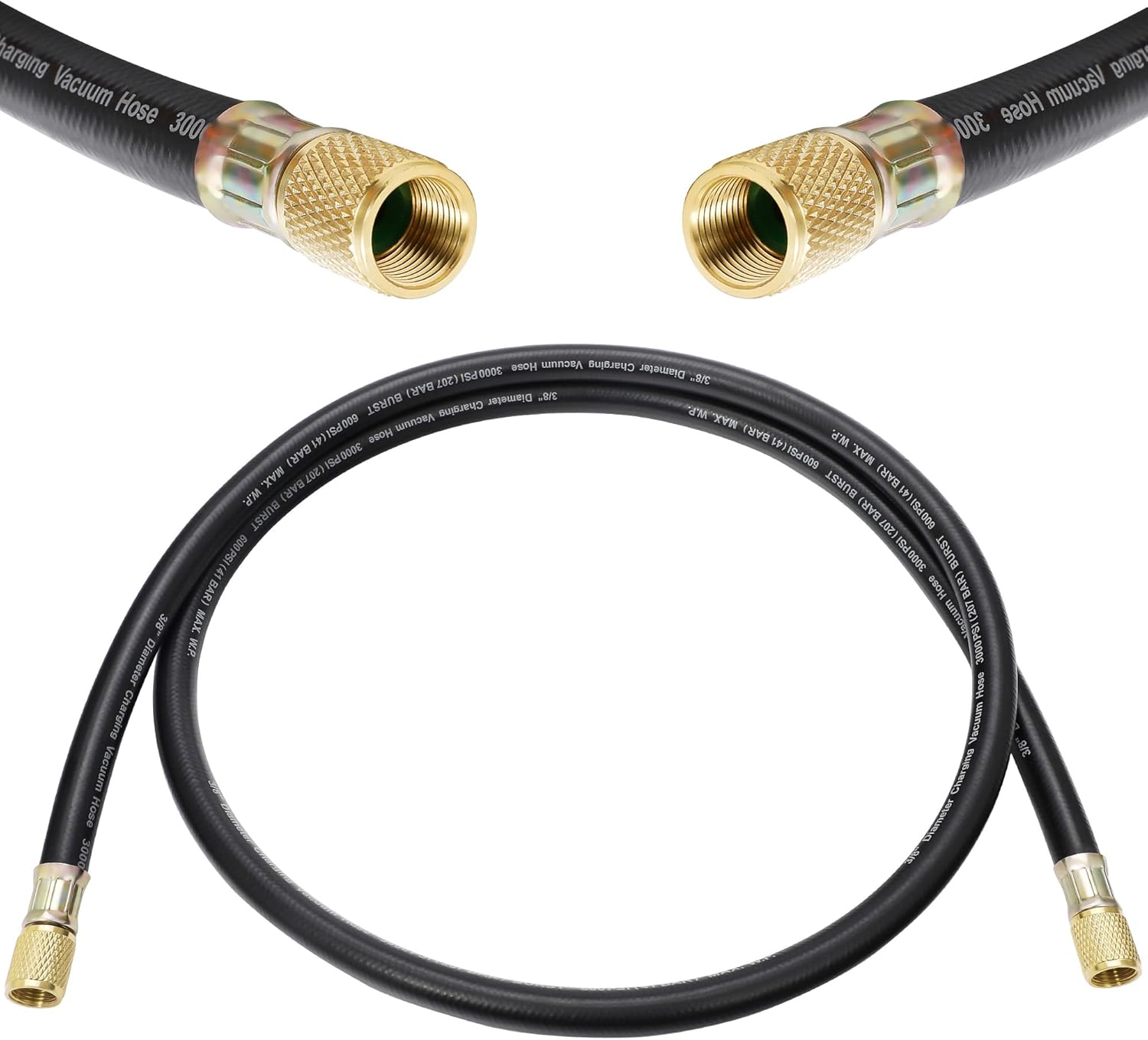 2025 New Upgrade-3/8" Refrigerant Vacuum Hose with 3/8"x3/8" Fittings, 600 PSI WP / 3000 PSI BP, Compatible with Most Refrigeration & AC Systems, 6 Foot Black