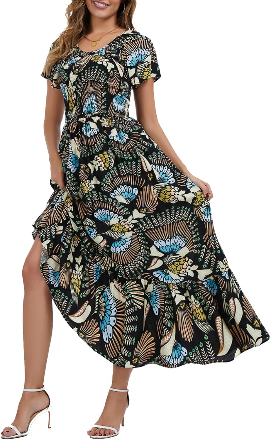 Summer Floral Smocked Maxi Dress for Women Casual Short Sleeve Flowy Long Boho Beach Party Dresses with Pockets - Image 4