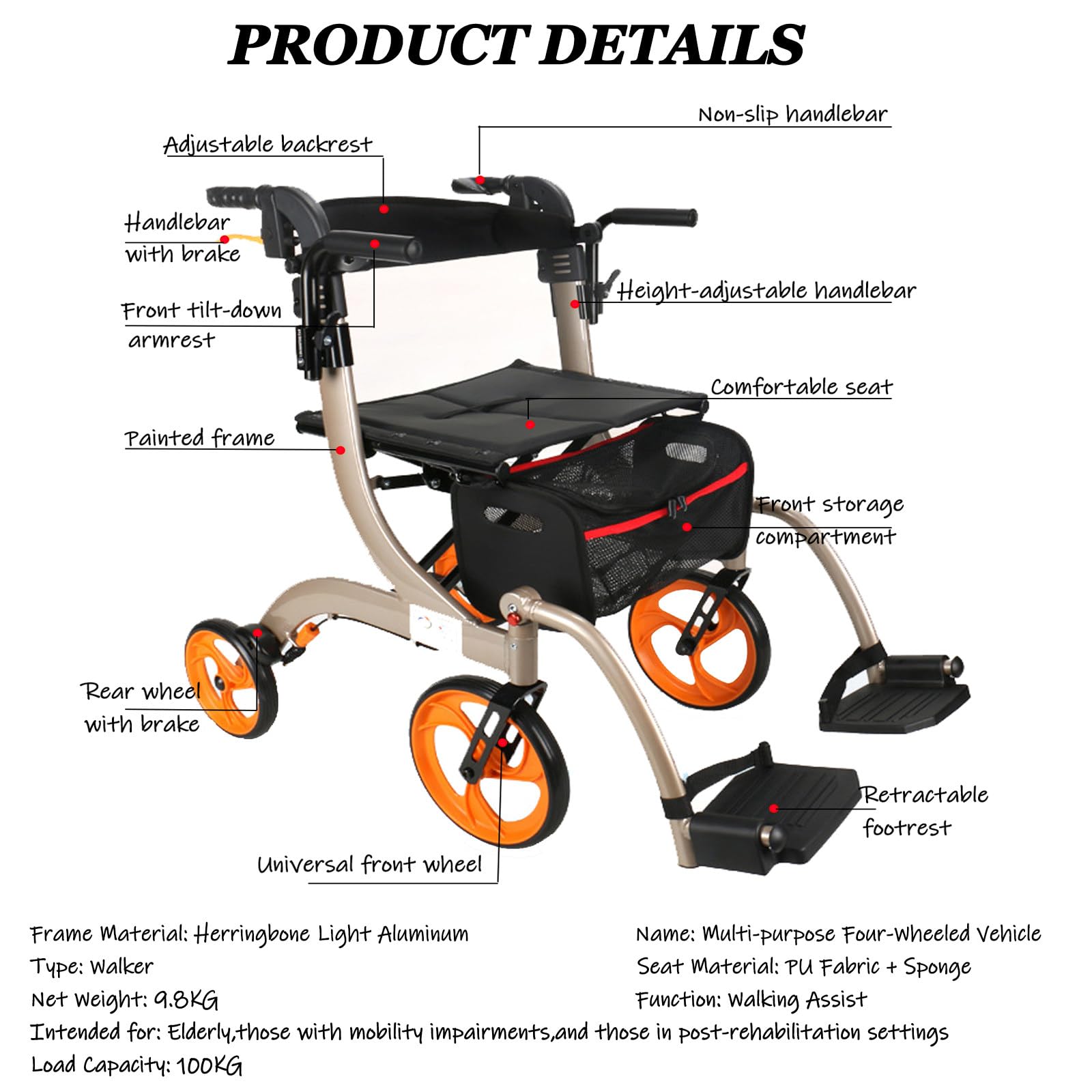 Rollator,pomoce do chodzenia dla seniorów,lekki chodzik,składany z siedziskiem i torbą,4 kółka dla osób starszych,podwójny komfort Blue-Withpedals