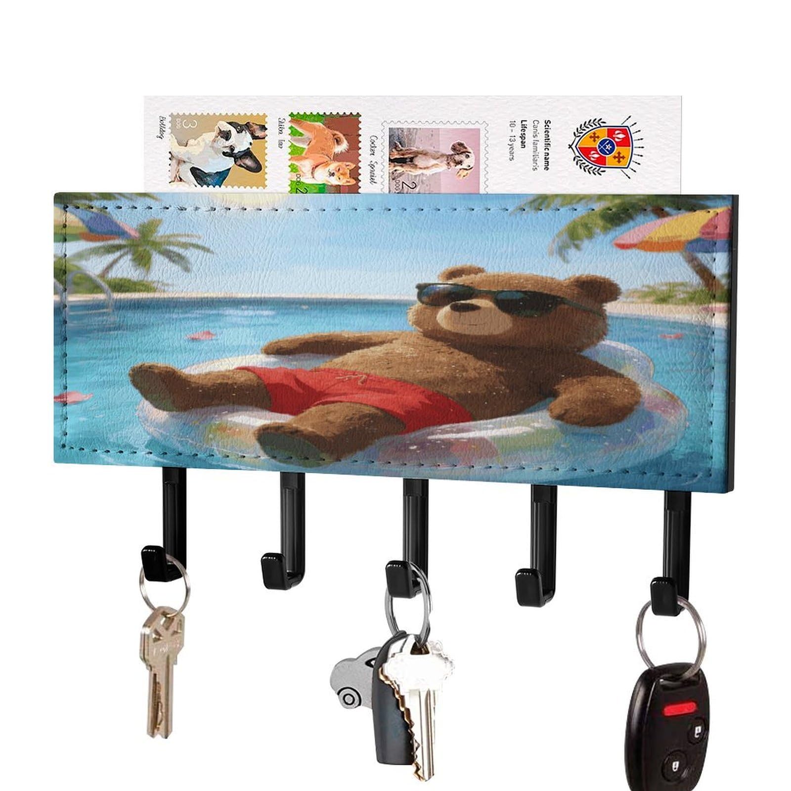 Fekiloot Black-Style Little Bear's Swimming Pool Key Holder Wall Mount Key And Mail Holder Key Hanger With 5 Hooks Decorative Pu Key Rack Hanging Key Hooks For Wall Living Room Kitchen Bathroom Hallway