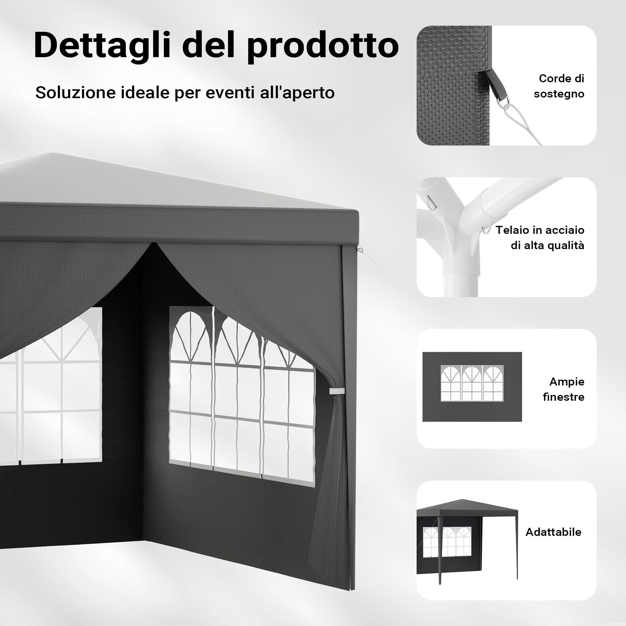 Toboli Gazebo 3 x 3 m in grigio con protezione UV 50+, tendone da giardino con lati rimovibili, tenda da festa con finestre, ad esempio per terrazze e festival