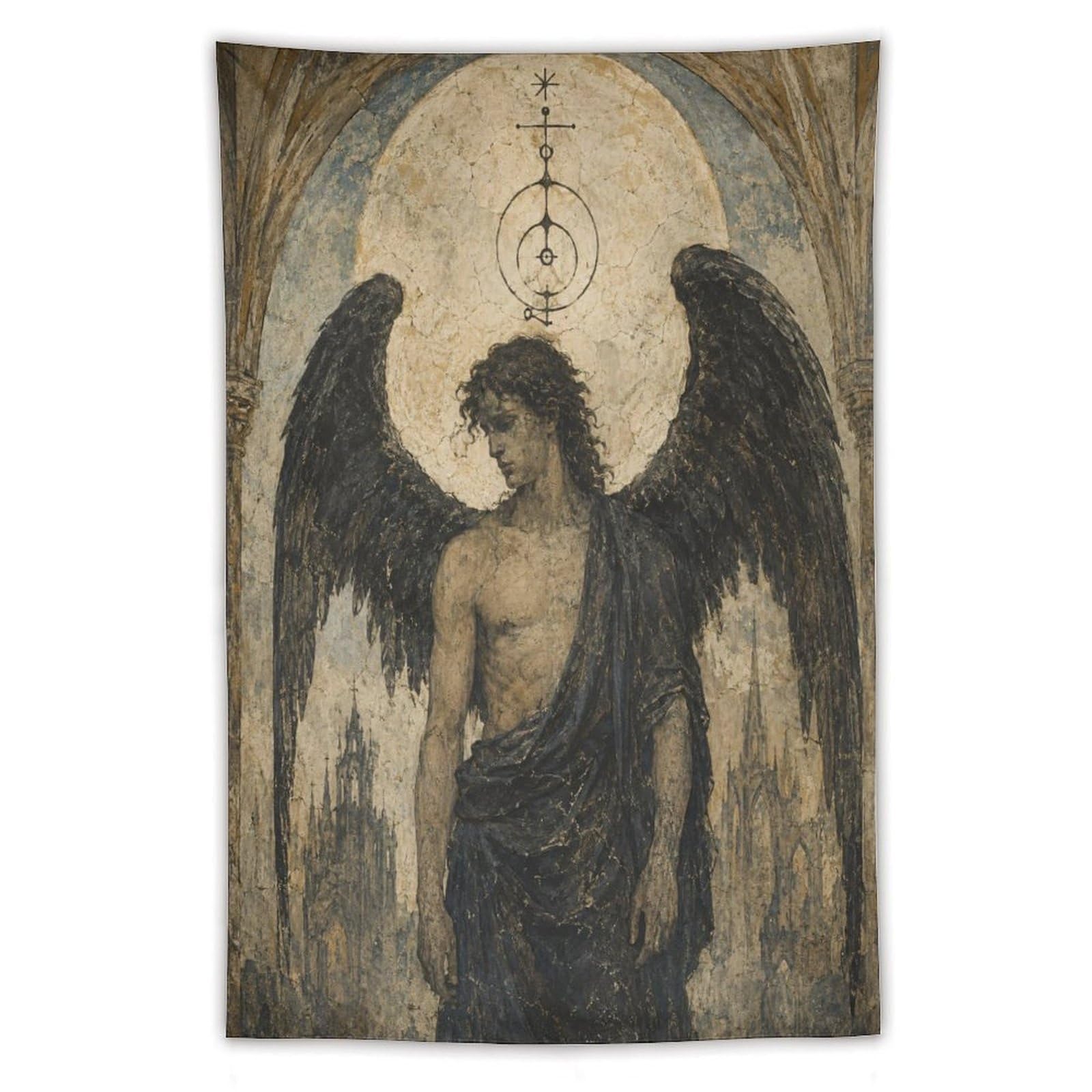 W7C8U2X3 Dark Angel Lucifer Wall Tapestry, Gothic Oil Style, College Dorm