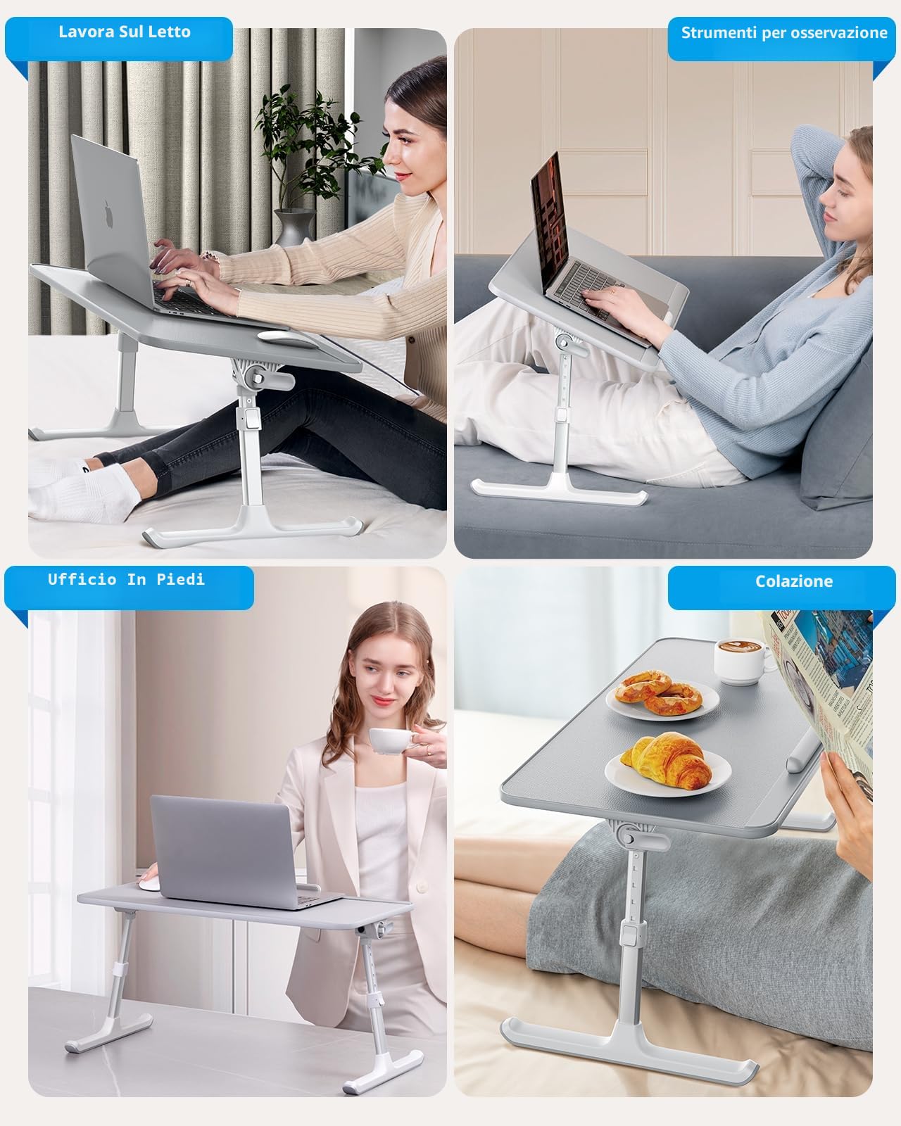 Tavolo da letto, SAIJI Lap Desk, pelle resistente, altezza e angolo di inclinazione, pieghevole, fermo anticaduta, fino a 17in notebook, per letto, divano, tavola (Grigio, 52 * 30cm)