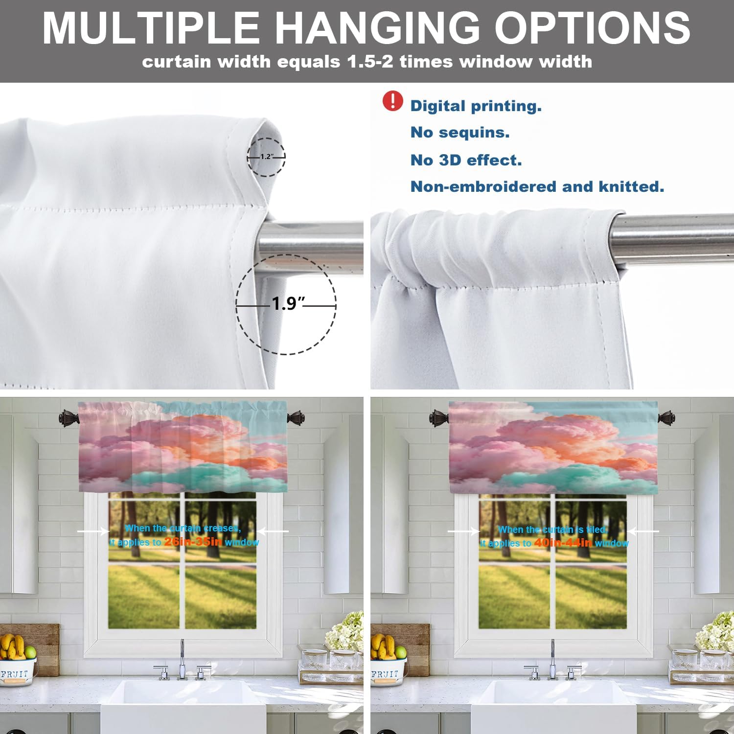 Batmerry Sun Cloud Pastel Valance,Pastel Rainbow Pink Blue Yellow White Colorful Window Curtains Valance for Kitchen Living Dining Farmhouse,2 Pack 52x 18 inch