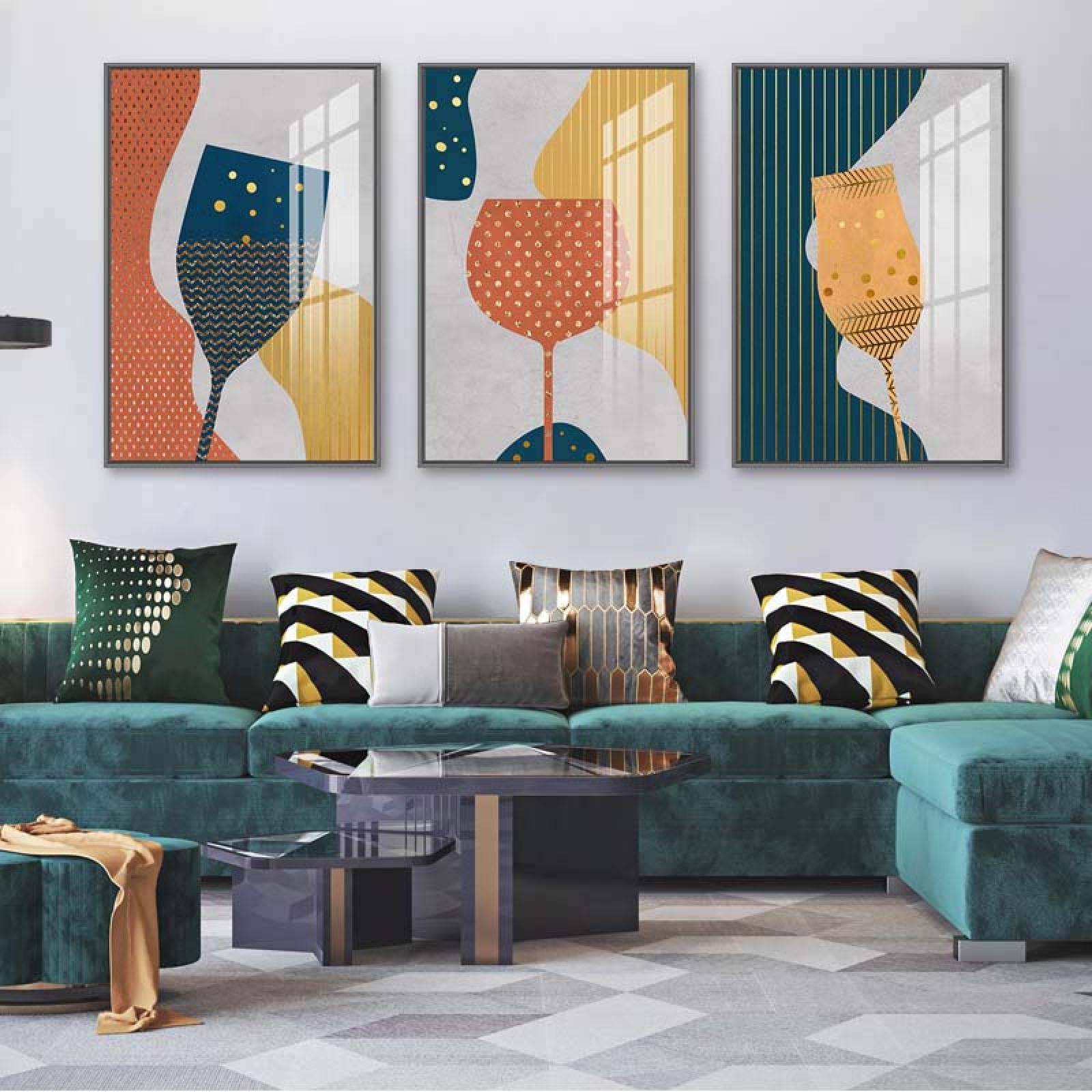 Yooyu Pintura abstracta geométrica de la lona de la copa de champán de cristal colorido cartel del arte de la pared cocina restaurante decoración imágenes 40x50cmx3 marco interno