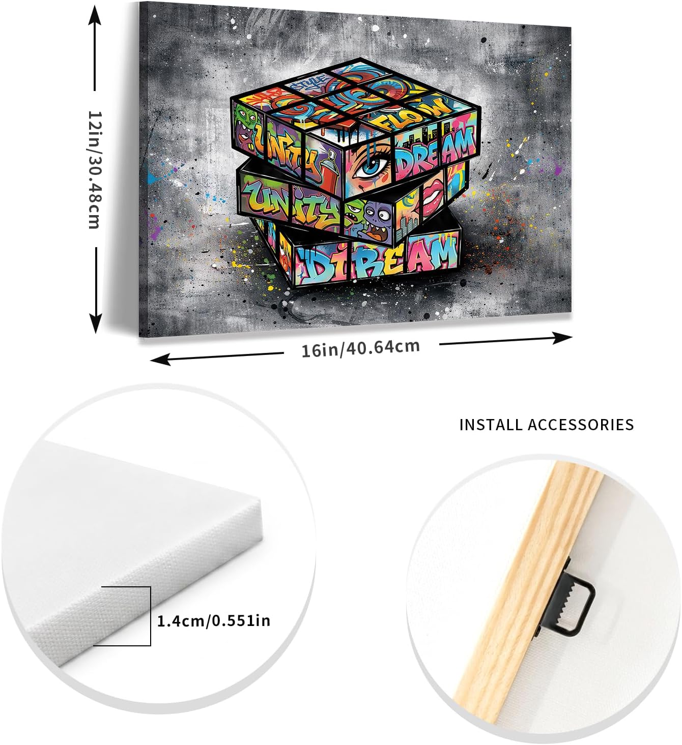 OVQJZIS 12"x16" Stretched Canvas Wall Art with Wood Inner Frame, Graffiti Magic Puzzle Cube Wall Decor, Urban Street Art Game Room Decor, White Gray Modern Artwork Ready to Hang for Teen Bedroom Living Room Office