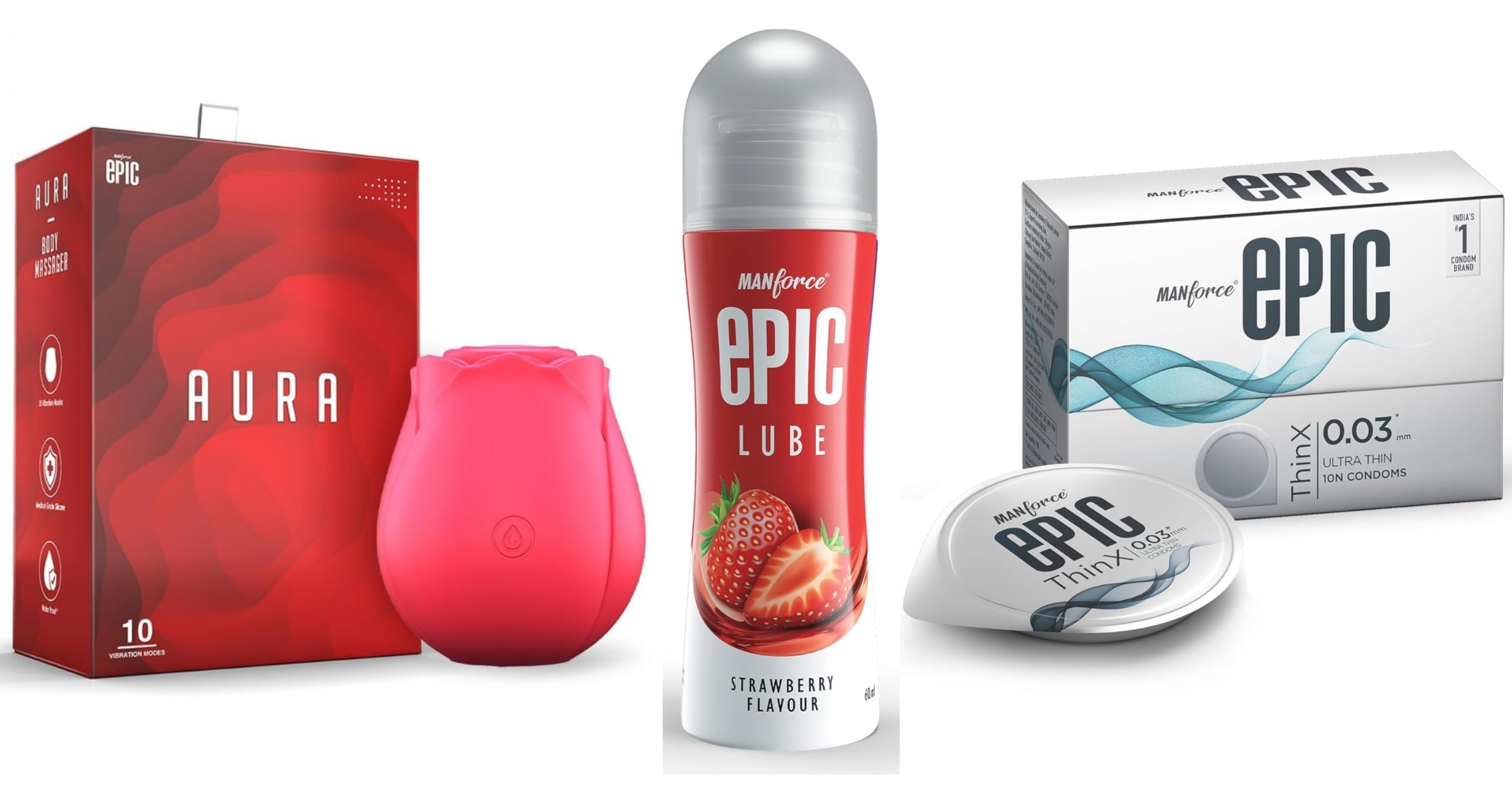Manforce Epic Aura Massager | 10 Vibration Modes,Epic Lube | Strawberry | 60ml | Water-based & Epic ThinX | Ultra Thin Condoms with Easy Peel Pack | 10 Pcs-image-49