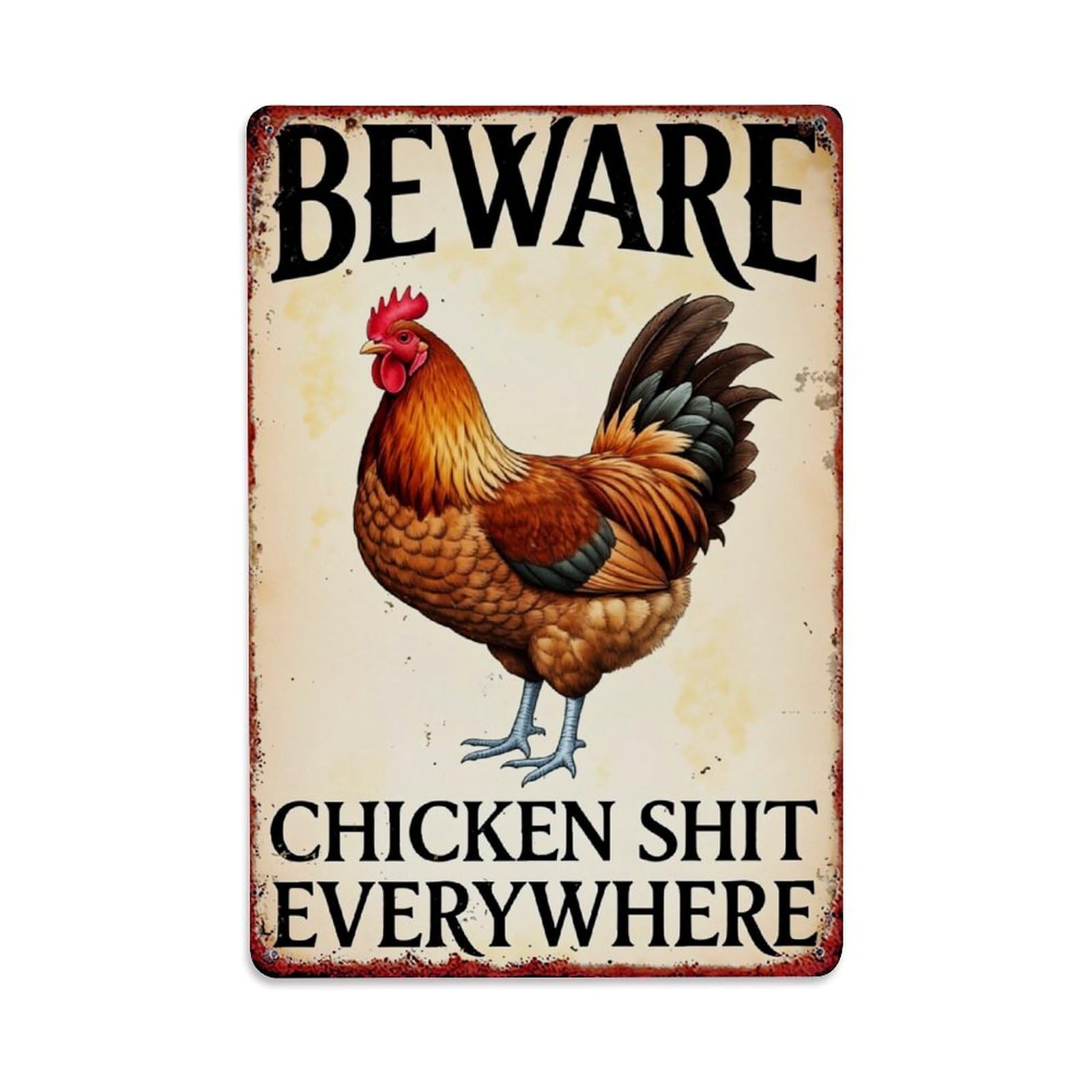 Beware Chicken Shit Everywhere Rooster Tin Sign Metal Poster Vintage Metal Signs for Home Man Cave Bar Cafe Kitchen laundry room Wall Decorations Gift 8x12Inch