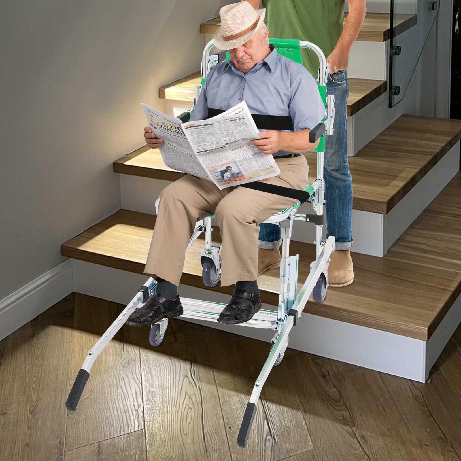 Silla de evacuación para escaleras, aluminio, plegable, con 4 ruedas, 159 kg, capacidad de carga de 159 kg, transporte de pacientes, color verde, 2 frenos, 52 x 100 x 93 cm