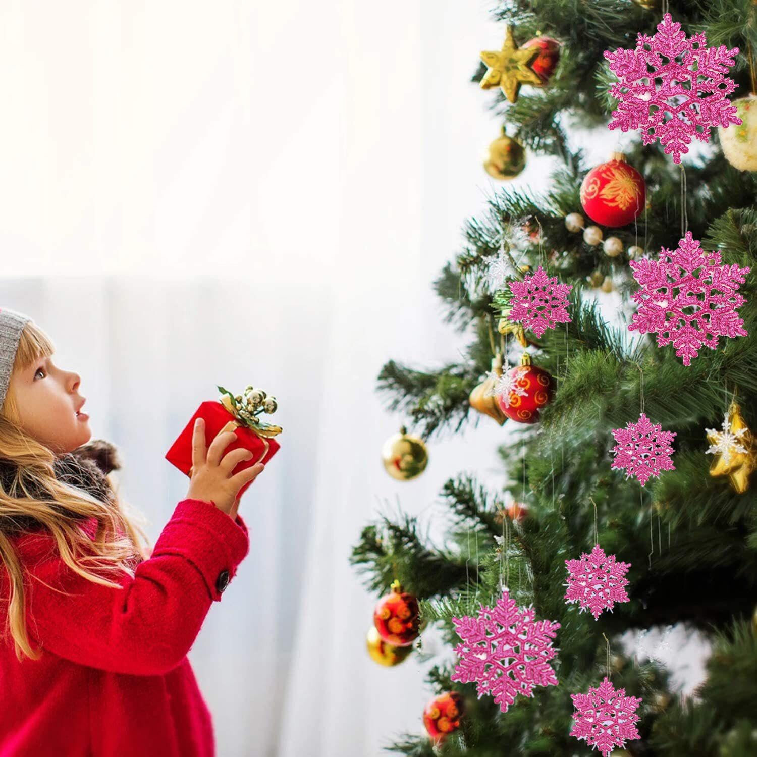YYCRAFT 32pcs Glitter Snowflake Ornament 4 Inch for Christmas Tree Decoration-Hot Pink - Image 4