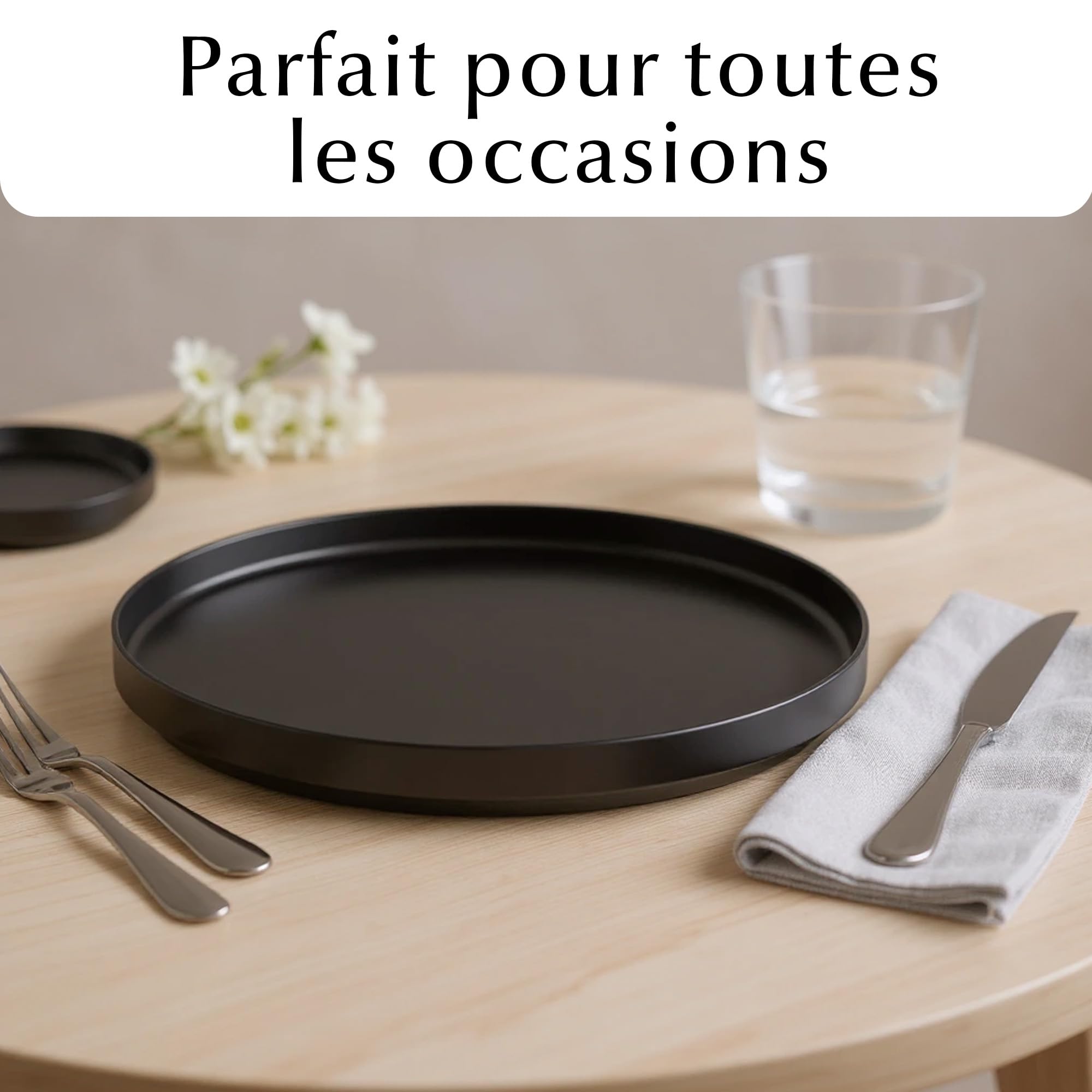 MIAMIO – Ensemble d'assiettes plates en céramique pour 4 personnes/Vaisselle en céramique 4 pièces, assiettes modernes en grès – Collection Luxe (Noir, Grande assiette (4x))