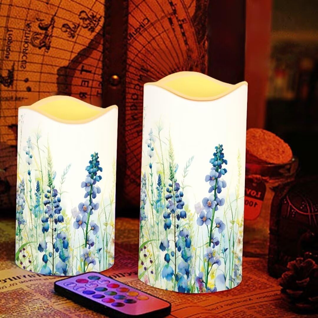 Jeiento Violet Floral Flameless Battery Candles Flowers Remote Control Pillar Candles Long Lasting Electric Fake Candles Night Light with 4/8 Hour Timer,Outdoor Flameless Candles Pack of 4
