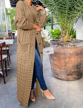 Women Stylish Cable Knit Dual Chunky Floor Length Maxi Cardigan with Button