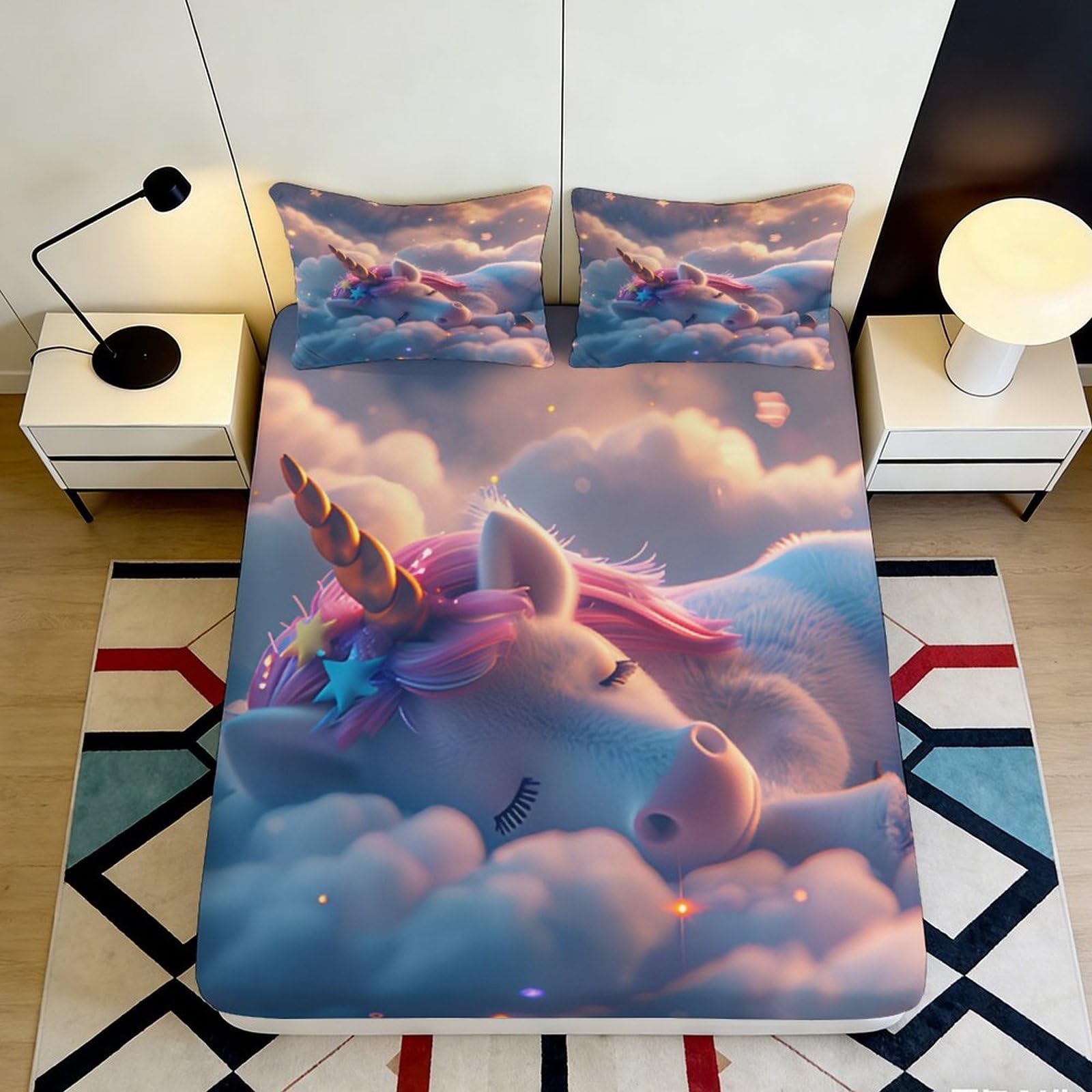 3D Printed Dreamy Unicorn Fitted Sheet Microfiber Soft Bedroom Decor Rainbow Cloud Mattress Cover for Home Dorm 90x200x25cm