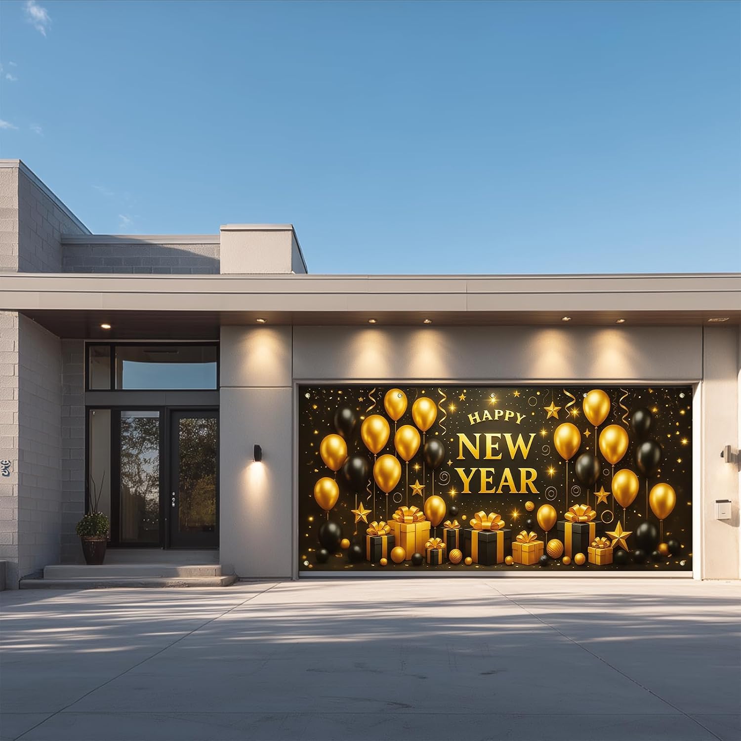 IVN Happy New Year Garage Door Banner Black and Gold Happy New Year Balloon Gift Box Design 13x6ft Garage Door Cover Outdoor Garage Backdrop Decoration for New Year Eve Party Home Yard Exterior Decor