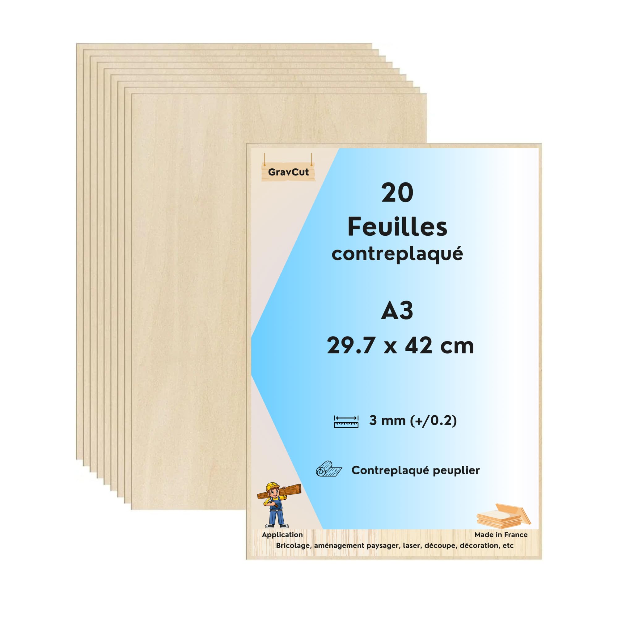 Contreplaqué tilleul de 3mm au ponçage lisse lot de 20 plaques A3 pour découpeuse laser